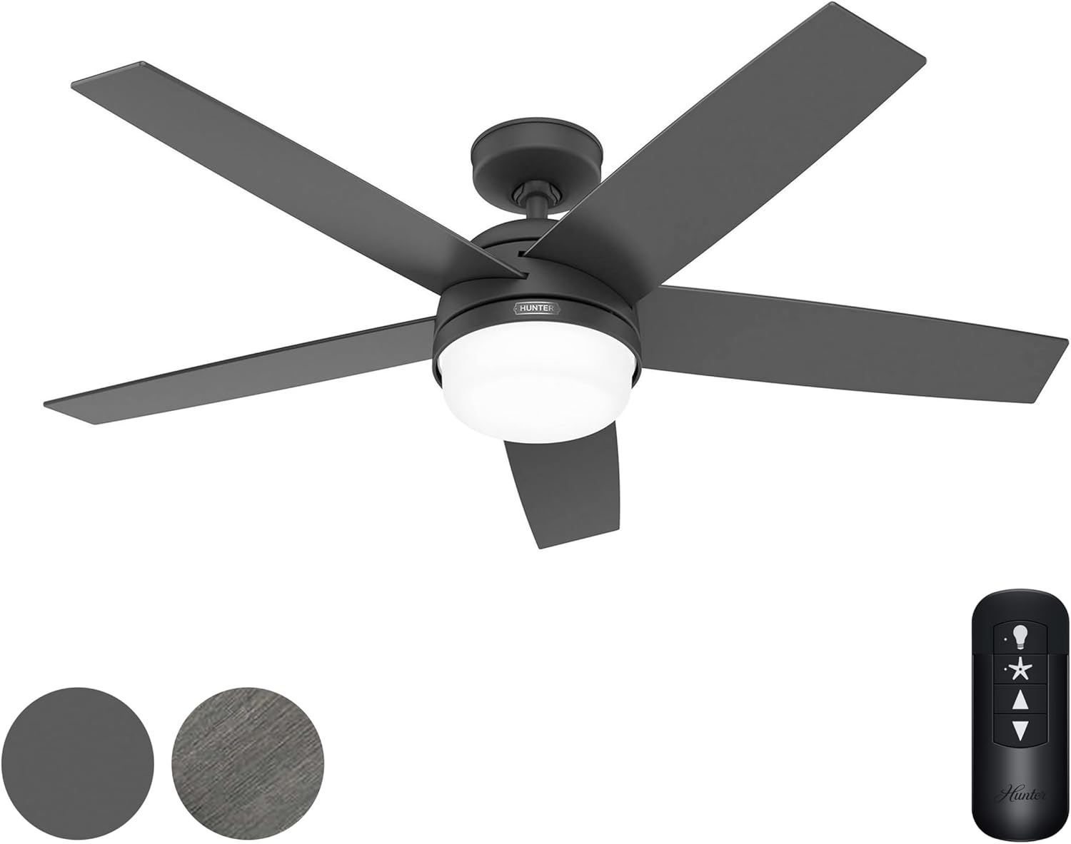 Hunter Fan 52 inch Ceiling Fan with Lights and Remote Control, Matte Black, Reversible Blades, Indoor/Outdoor Ceiling Fan for Kitchen, Bedroom, Living Room (Renewed)
