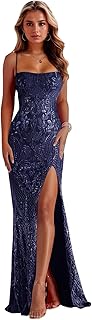 Mermaid Sequin Lace Prom Dresses for Women Sparkly Slit Long Corset Formal Evening Party Gown - Buy now