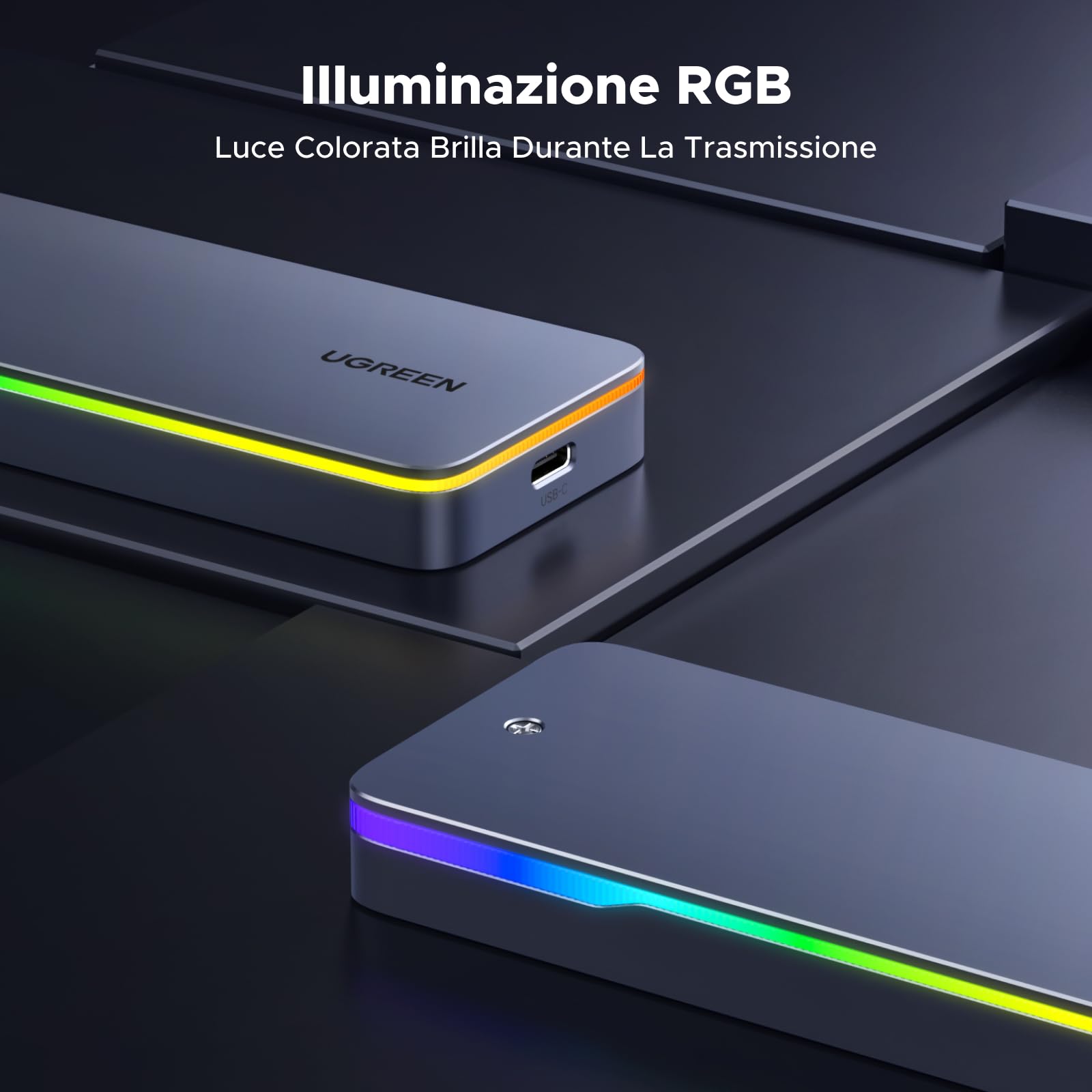 UGREEN Enclosure SSD M.2 NVMe SATA 20Gbps RGB, Case Esterno per Disco Rigido M.2 USB C 3.2 Gen 2x2 2230/2242/2260/2280 Compatibile con MacBook, HP 14pro, iPhone 16, PS5, Switch | USB C 3.2 Gen 2x2 M.2 Case per M Key/B+M Key in 2230/2242/2260/2280, compati