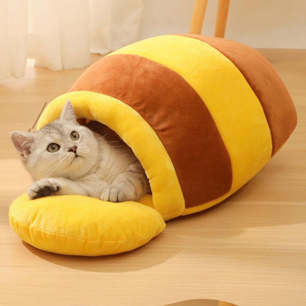 Pot de Miel Chat lit Hiver Respirant Pot Forme nid Mignon en Peluche Dessin animé PP Coton Maison de Remplissage pour Petits Chats Chiens