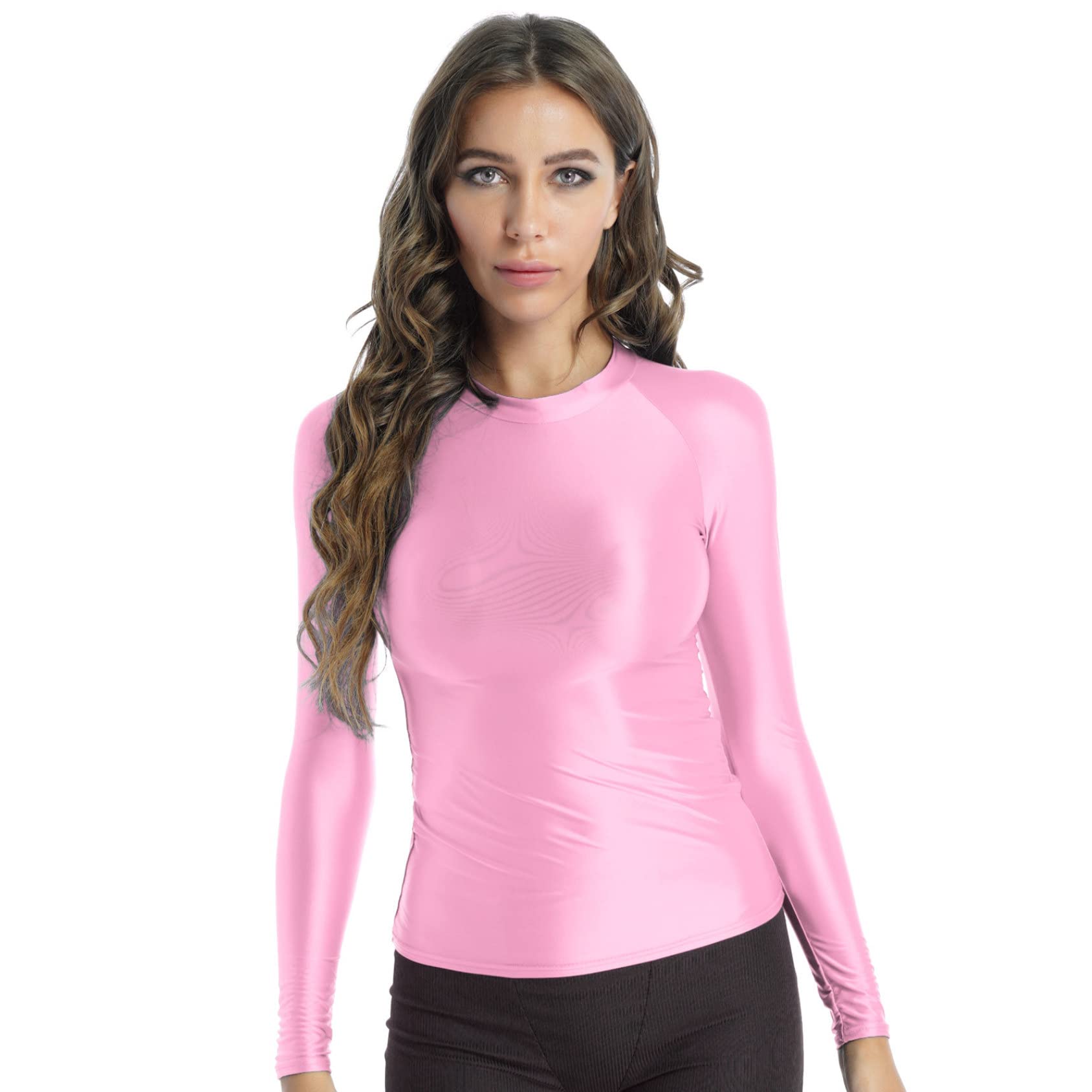 Daenrui Women's Glossy Silky Long Sleeves Gym Shirts Top Casual Compression Workout Yoga Tops Pink Medium