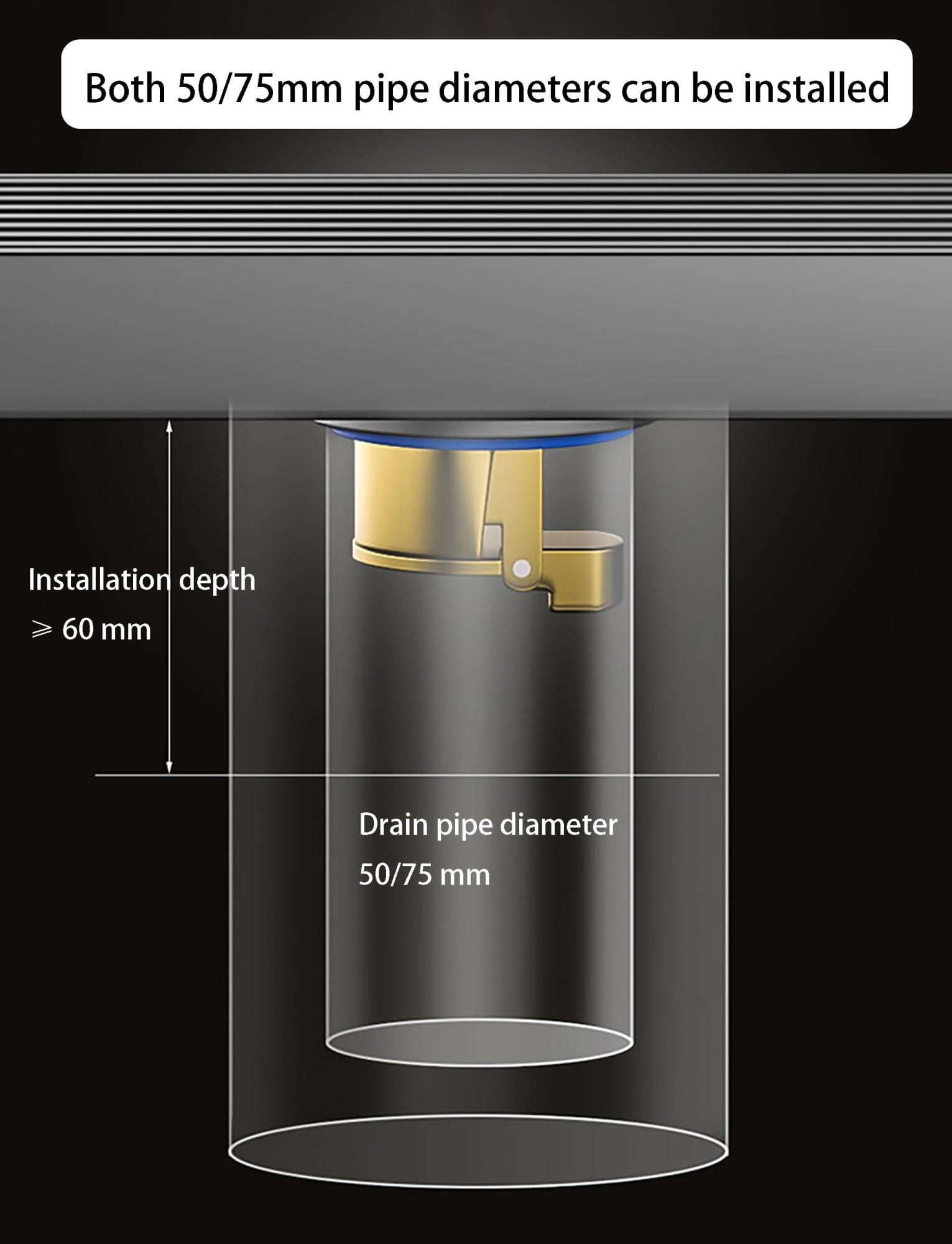 Scarico Doccia Lineare Grigio, Acciaio 201, Attacco 50/75mm, Prof. 60mm
