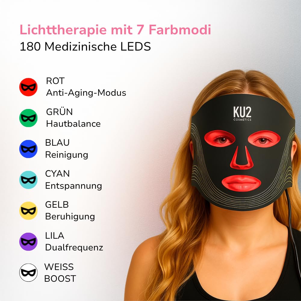 KU2 LED Lichttherapie Maske + Superlift Spilanthol Serum – Anti Aging Hautpflege Set mit Multi Hyaluron & Peptiden – LED Gesichtsmaske für glattere & hydratisierte Haut