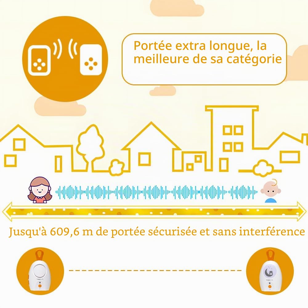 TimeFlys Paladin Moniteur audio pour bébé - Portable - Rechargeable - Extra longue portée jusqu'à 600 m - Veilleuse - Son cristallin - Camping