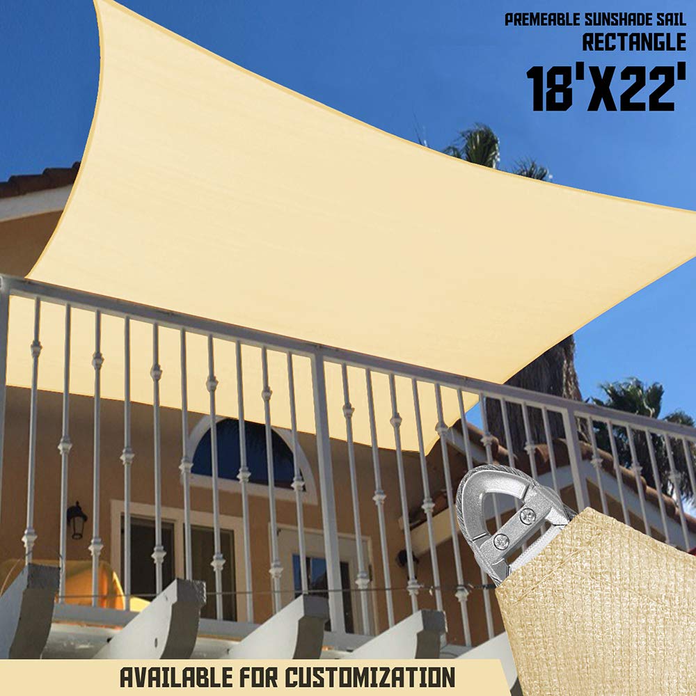 TANG Sunshades Depot A Ring Design Steel Cable Wire Reinforcement Sun Shade Sails 18' x 22 ' Rectangle Sand Heavy Duty Permeable 260 GSM