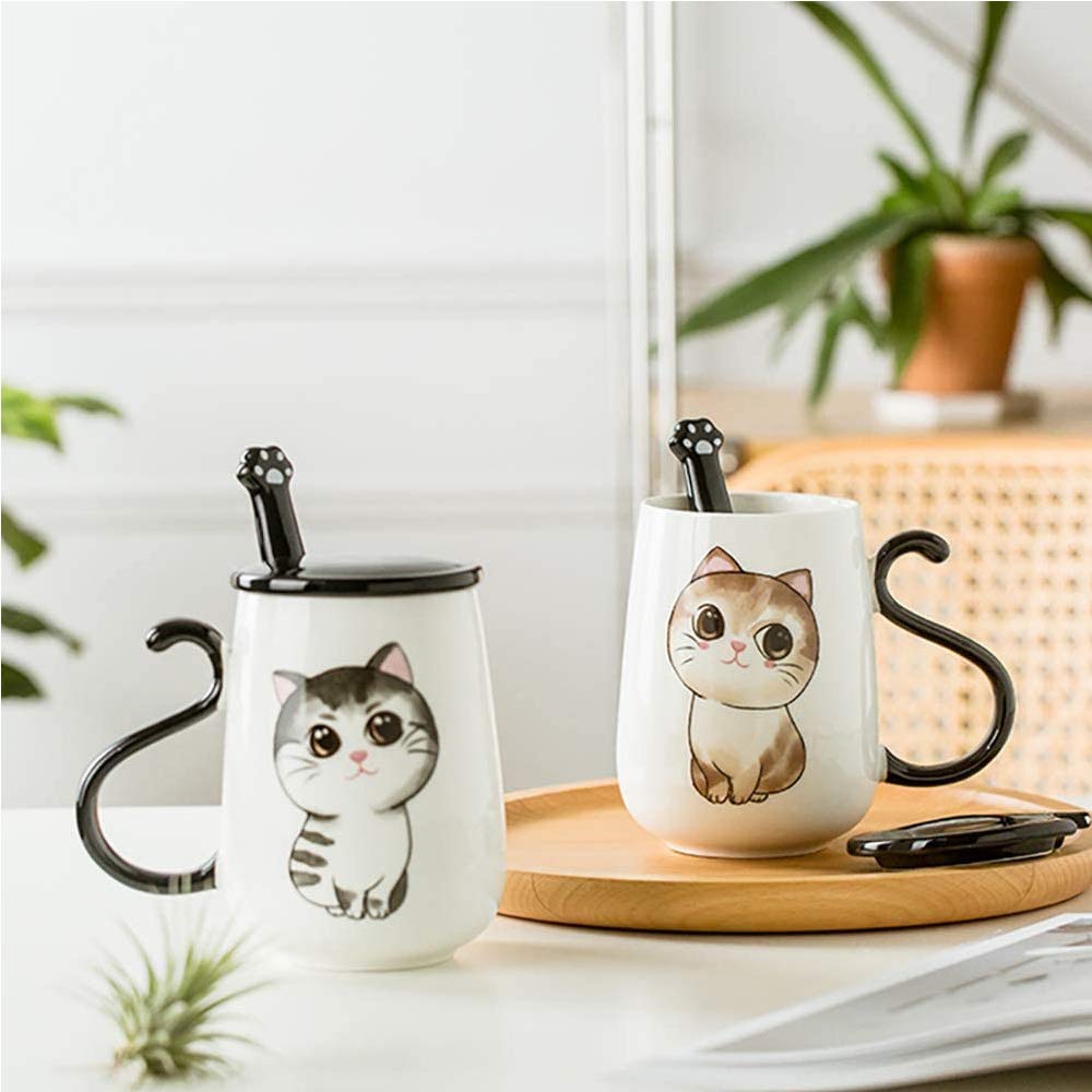 ZHOUXIAO Simpatica Tazza in Ceramica di Gatto con Coperchio e Cucchiaio, Tazza in Ceramica per caffè, Coppie Tazza da caffè per tè al Latte per Ragazze, Tazza da Viaggio in Ceramica Manico (F)