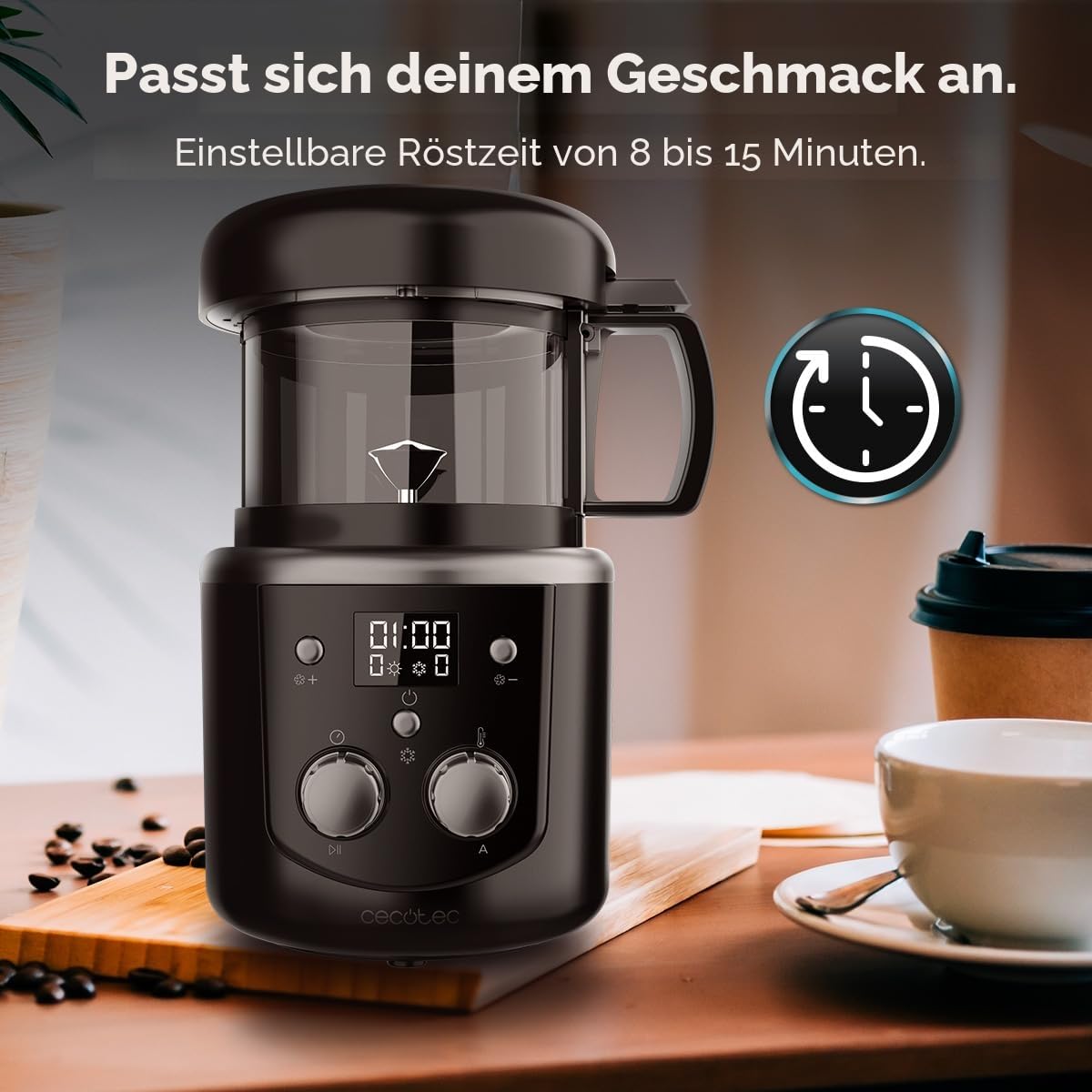 Cecotec Elektrische Kaffeebohnentrommelröster Roaster Booster. 1400W, Kaffeezubehör, automatisches oder manuelles Rösten, gleichmäßige Röstung, Kapazität von 100-150g, einstellbare Zeit von 8-15 Min