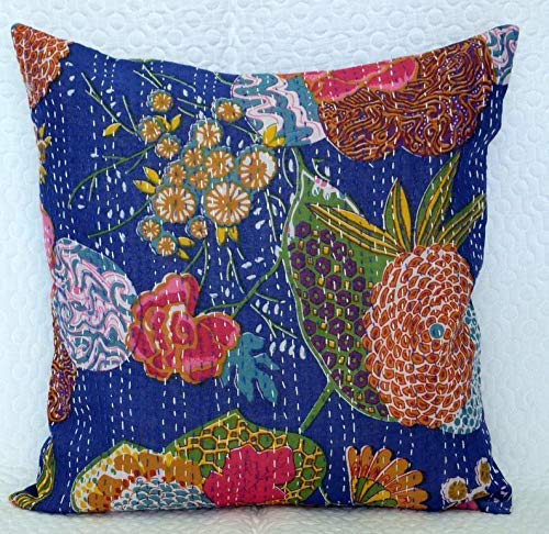 Image of Cotton Kantha Embroidery Cushion Cover (16x16-inches) (Set of 1, Blue)