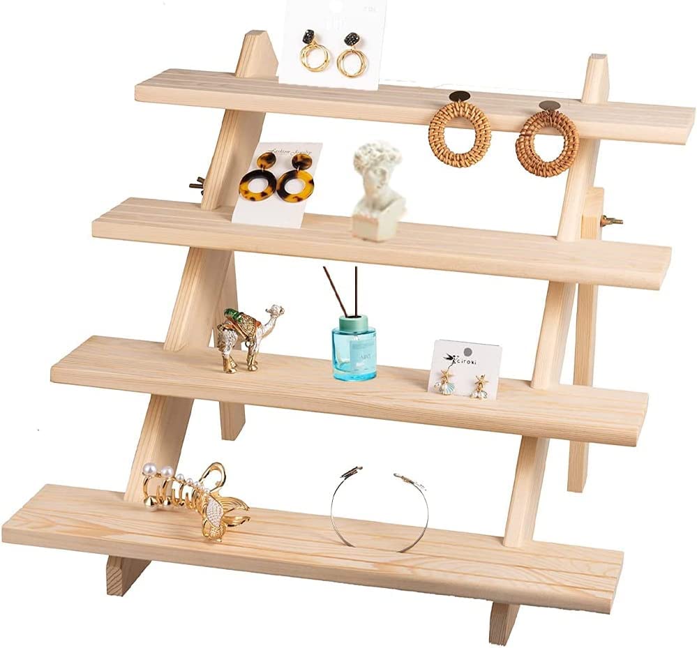 Tiamu Présentoir de boucle d'oreille en bois à 4 niveaux, présentoir de carte de bijoux au détail, Porte-Bague Détachable avec Rainure pour Présentoir Bijoux, Figurines Pops, gâteau, plante en pot