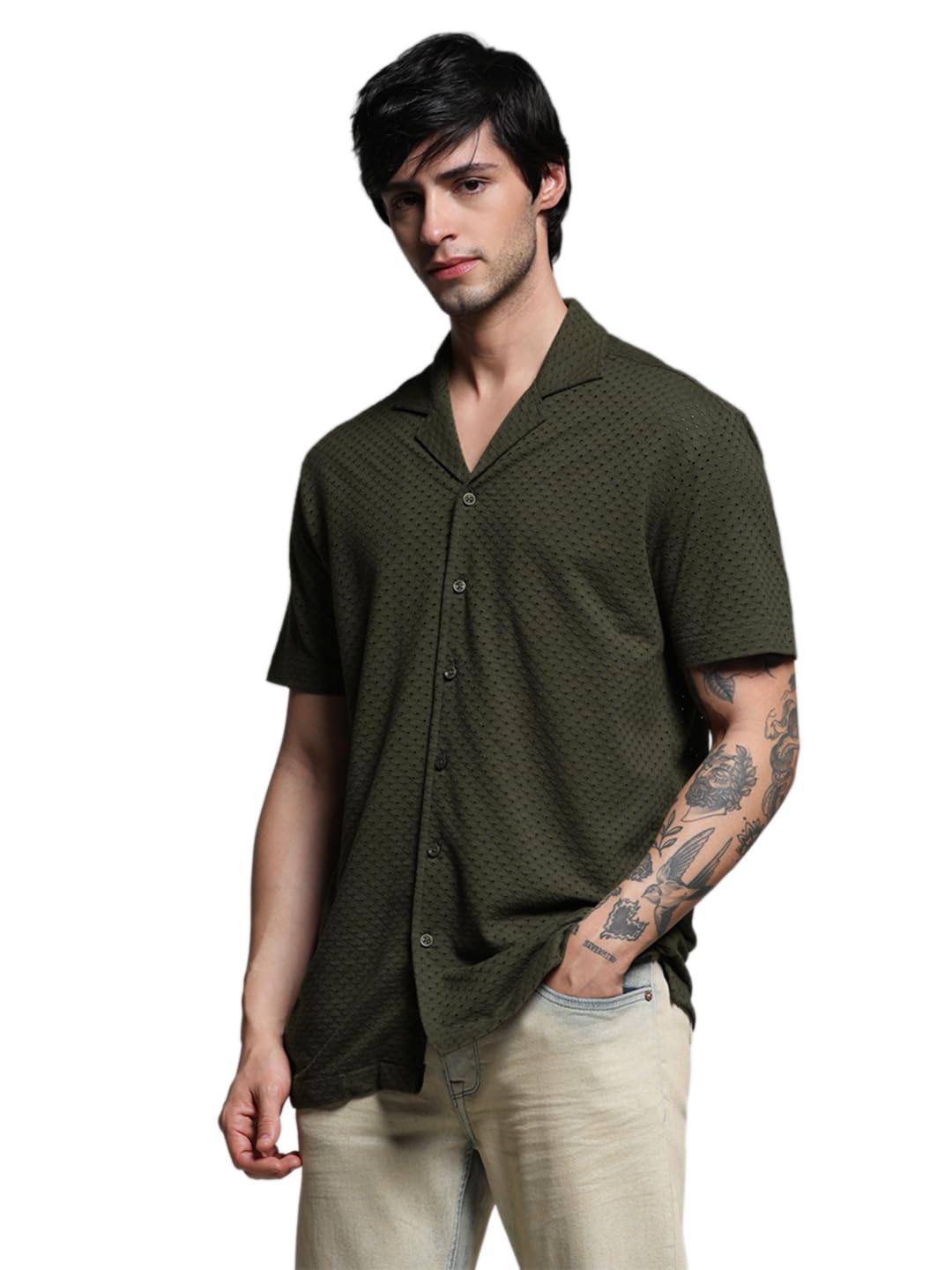 Jack & Jones Men Cuban Collar Textured Cotton Relaxed Fit Casual Shirt in neutral