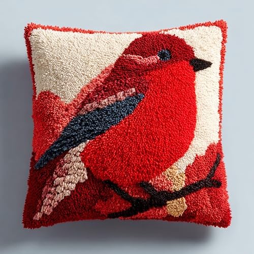 AxiangziK Latch Hook Kits for Adults Beginners 17x17in,Red Bird Creative Latch Hook Pillow Kit with Preprinted Canvas for Home Decoration and Present 43x43cm