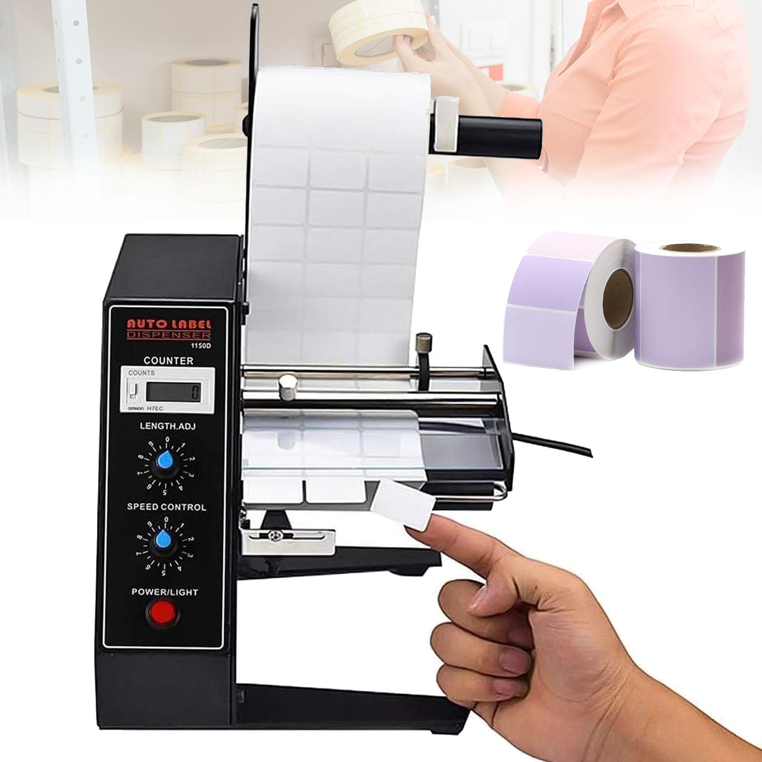 Distributore automatico di etichette, Spogliarello elettrico per etichette con contatore automatico 0-999999, velocità regolabile 1-8 m/min, lunghezza etichetta 10-150 mm, funzione memoria