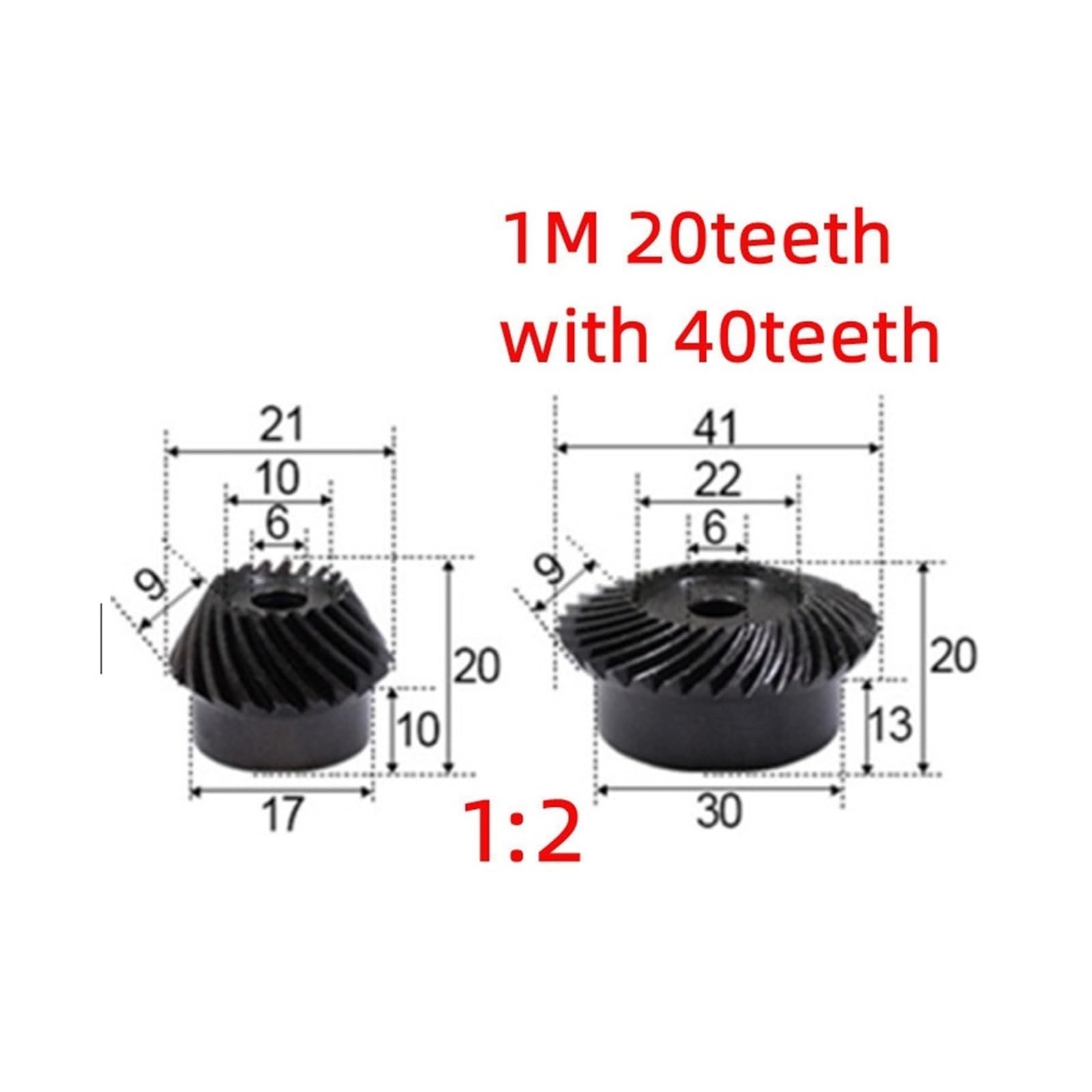 Bevel Gear Pinion Hardware Mechanical 6mm 1M 20T to 40T Spiral Bevel Gear M1 Modulus 1:2 90 Degrees Differential Gear Same Ratio Diameter 6mm Hole Diameter