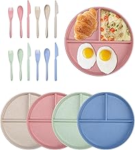 SOBEAU Healthy PP Dinner Plates Set of 4, Divider Plates, Unbreakable, BPA Free (with 4 Knives, 4 Forks and 4 Spoons)