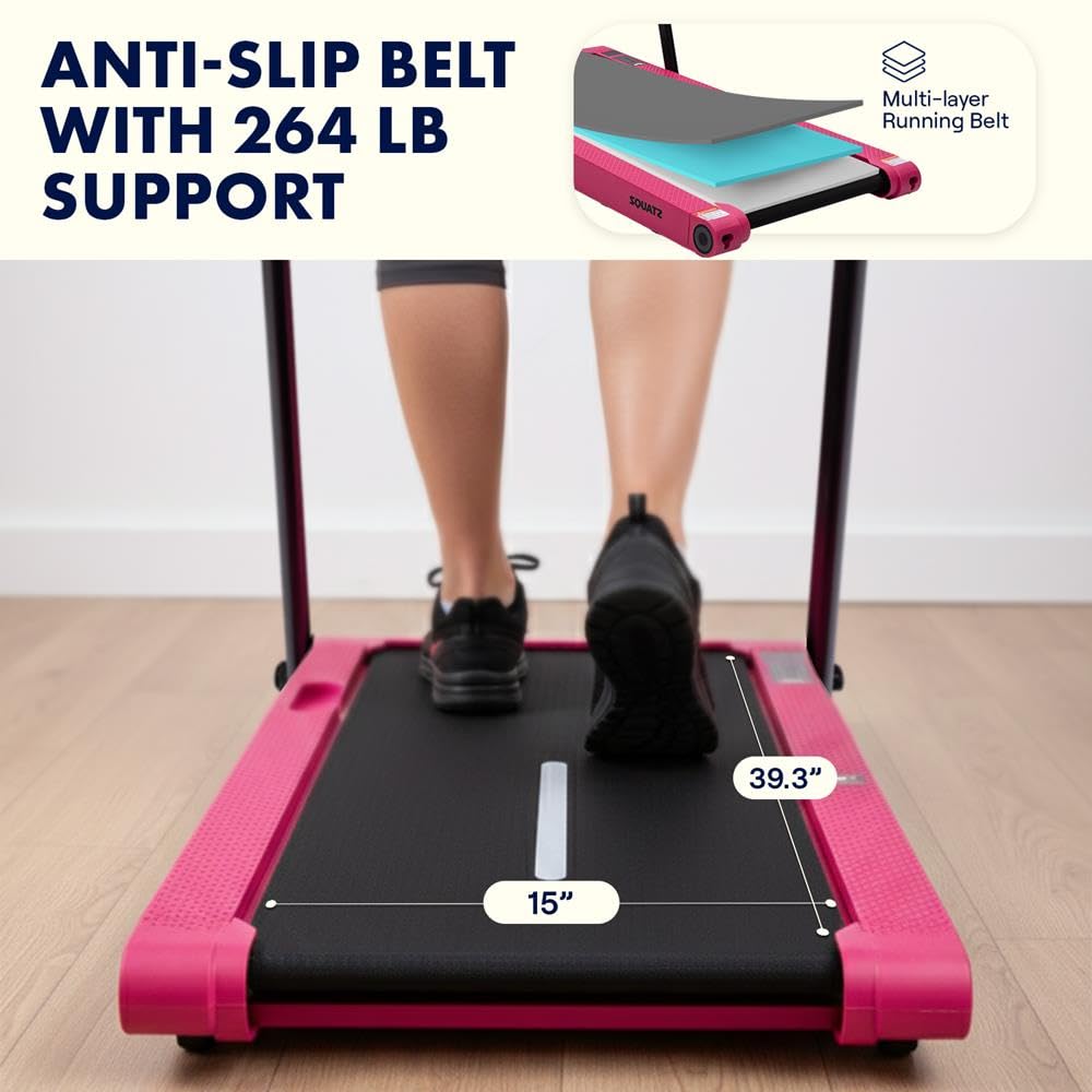Squatz Tapis Roulant 2-in-1 con Manubrio e Pedana Vibrante, Tapis Roulant Salvaspazio, Walking Pad Display LED, Supporto Tablet, Motore Silenzioso 746 Watt, Telecomando, per Casa e Ufficio, Rosa