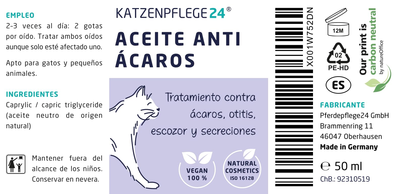 Aceite antiácaros Gatos y Perros 50ml - Efecto inmediato 100% Natural contra ácaros, Otitis, infecciones de oído, inflamación y escozor - Gotas infeccion oidos Perros y Gatos