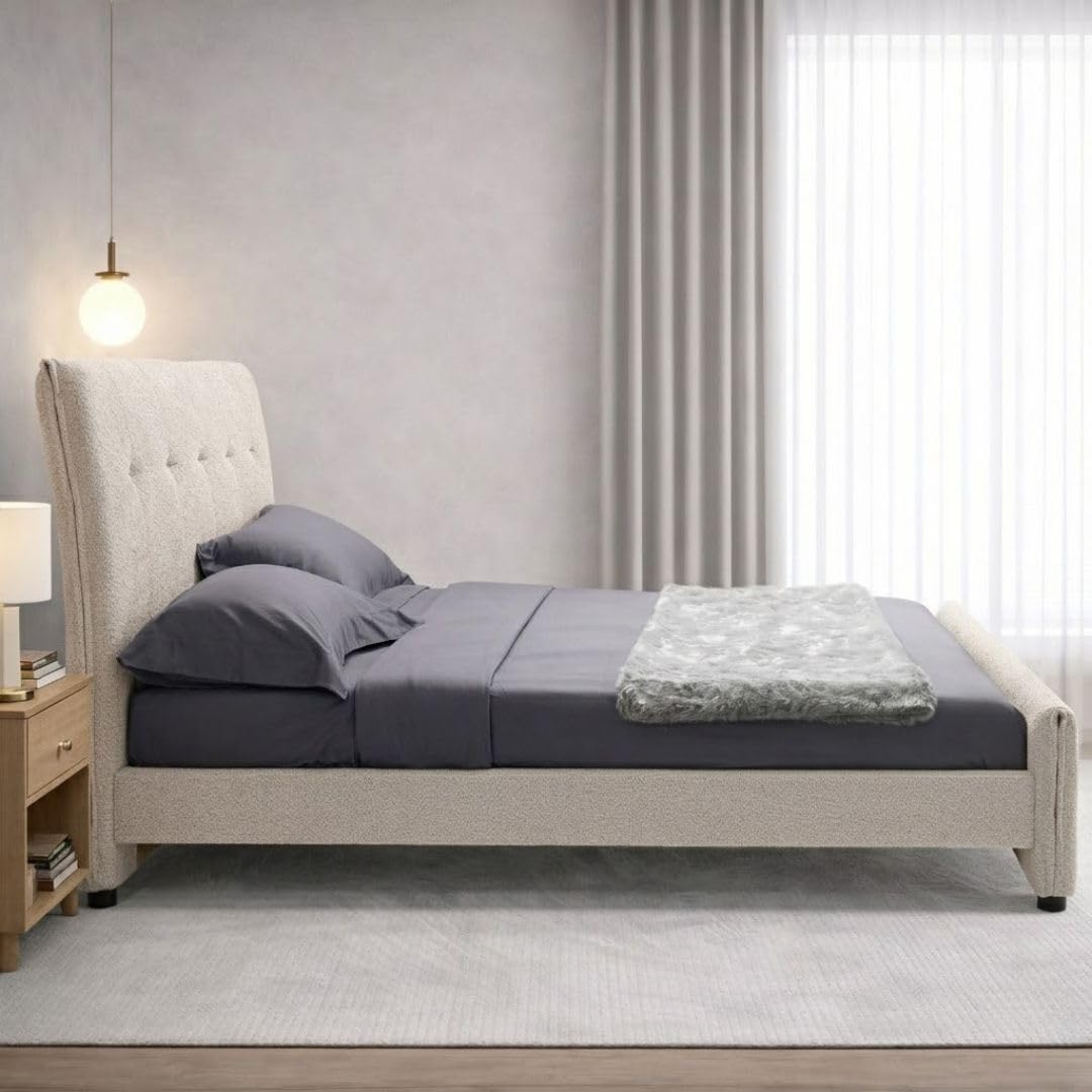 EVERGREENWEB - Letto Matrimoniale con Materasso Memory Foam + 2 Cuscini GRATIS, Rete a 26 Doghe in Legno 160x195 cm, Elegante Testiera Imbottita in Tessuto Morbido Beige, Struttura Rinforzata, DALLAS