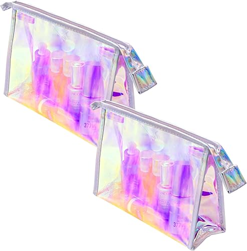 Paquete de 2 y 10 bolsas de maquillaje holográficas a granel, bolsa iridiscente, bolsas portátiles con cremallera, bolsa de cosméticos de viaje,