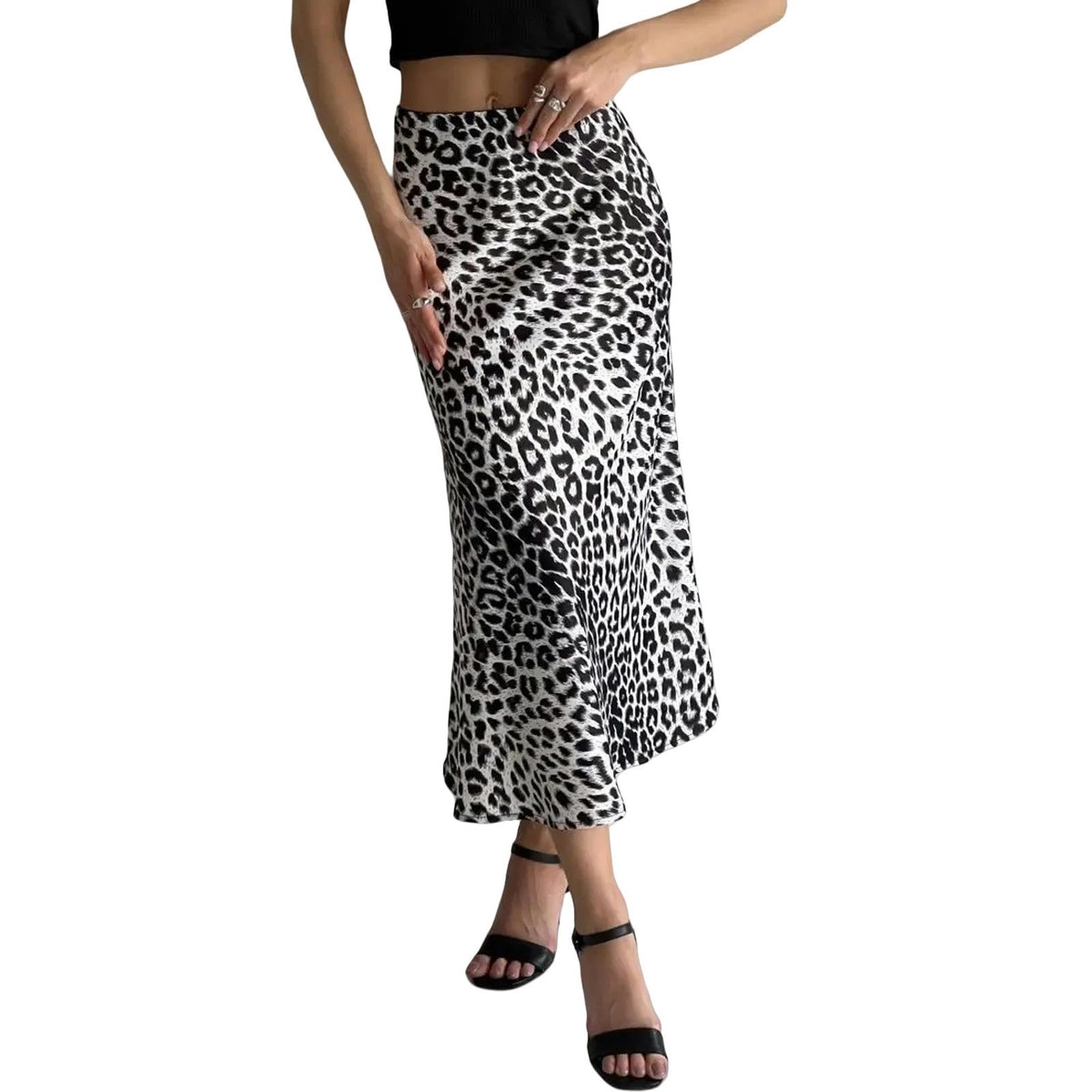 Jupes Femme Jupe Maxi À Imprimé Léopard en Satin Féminin - Jupe Longue Élastique Haute Taille pour Vêtements Décontractés Et en Soirée-Blanc-XL