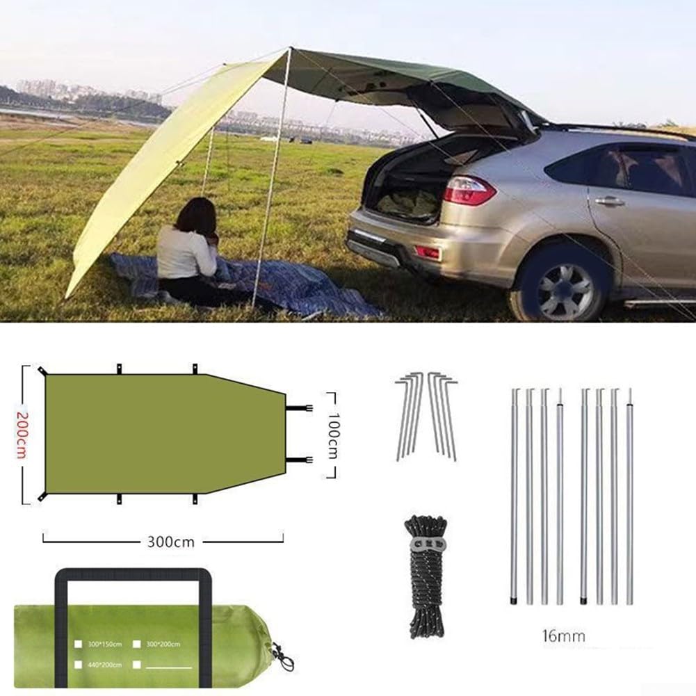 Auto-Markise Camping-Plane mit Stangen, 210D Oxford Gewebe, UV-Schutz & Wasserdicht, für SUV MPV Wohnmobil, Schnell Aufbau als Seitenschutz oder freistehend, Grün Gelb Blau Grau(300x200cm blue)