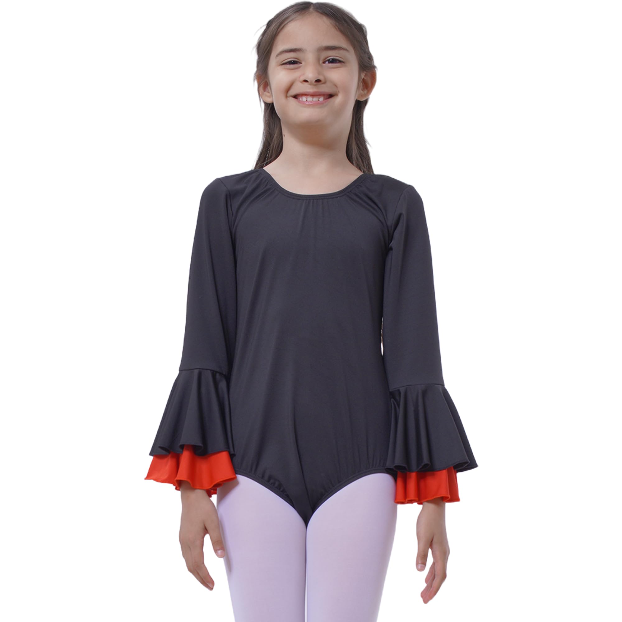 Carnavalife Body flamenco niña negro maillot danza manga larga con volante, leotardo ballet gimnasia, escote redondo, ribete rojo opcional — view 5
