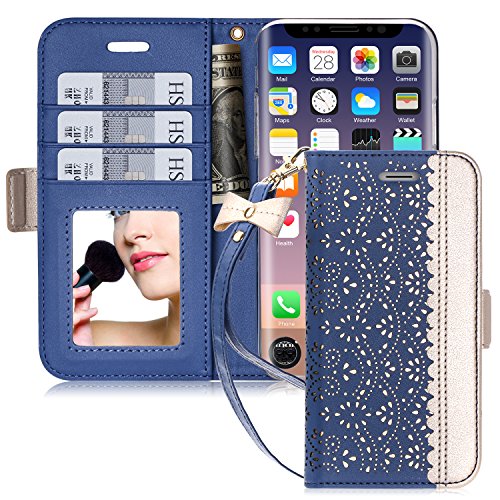 iPhone XS ケース iPhone X ケース 手帳型 WWW 透かし彫り模様 高級PUレザー カード収納 マグネット式 スタンド機能 ストラップ付き 鏡付き スマホケース iPhone XS ケース/iPhone X ケース 5.8インチ 対応 ネイビー