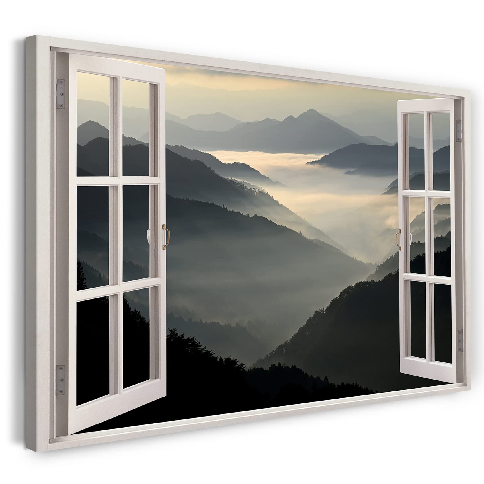 Print on Canvas (60x40 cm) view from the window - mountains fog nature summer - nature photography, real wood frame with hook