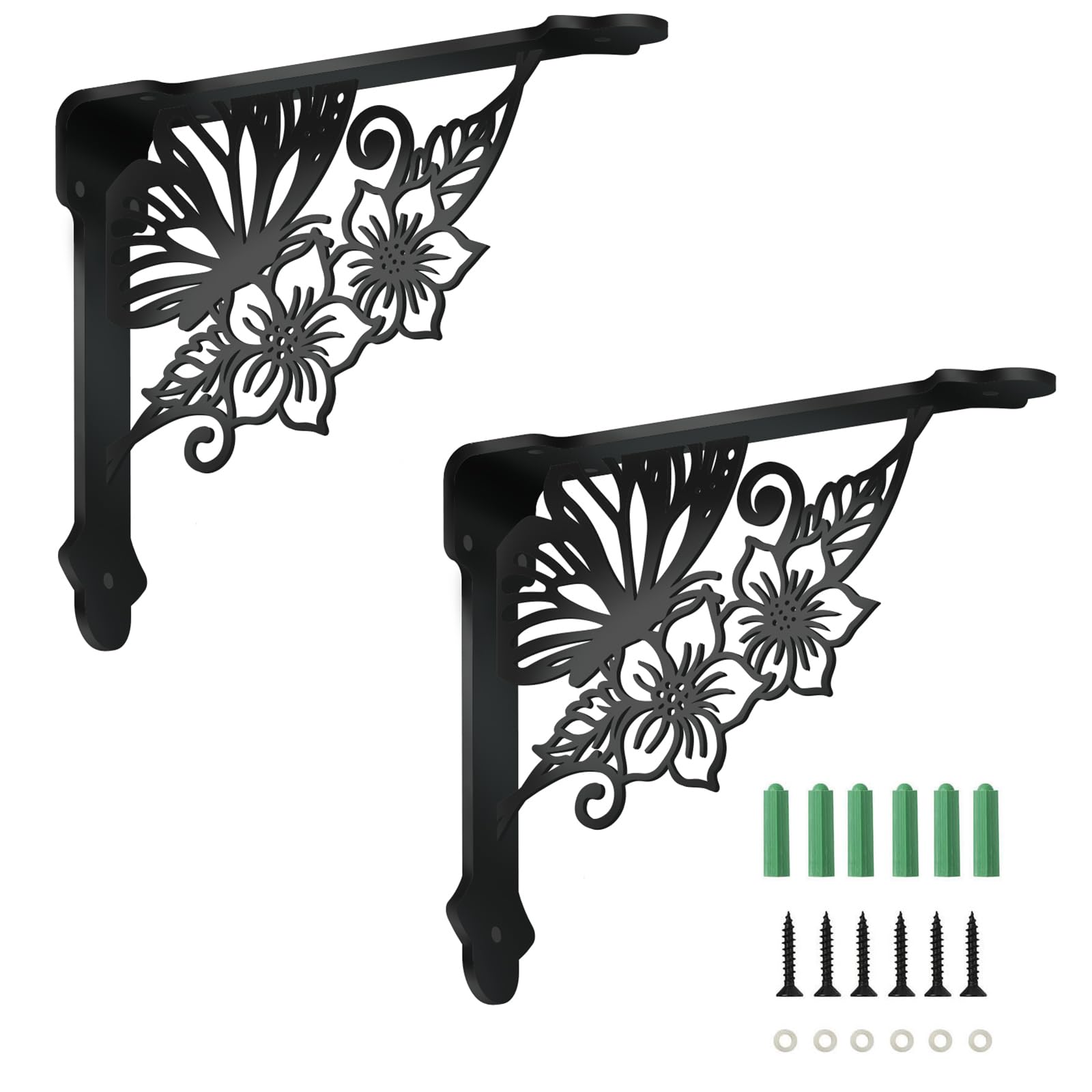 SUPERDANT 2Pcs 17.2x21CM Butterfly Flower Shelves Brackets Heavy Duty Decorative Shelf Bracket Black Iron Wall Shelf Brackets with Screws for Home Office Bookshelf