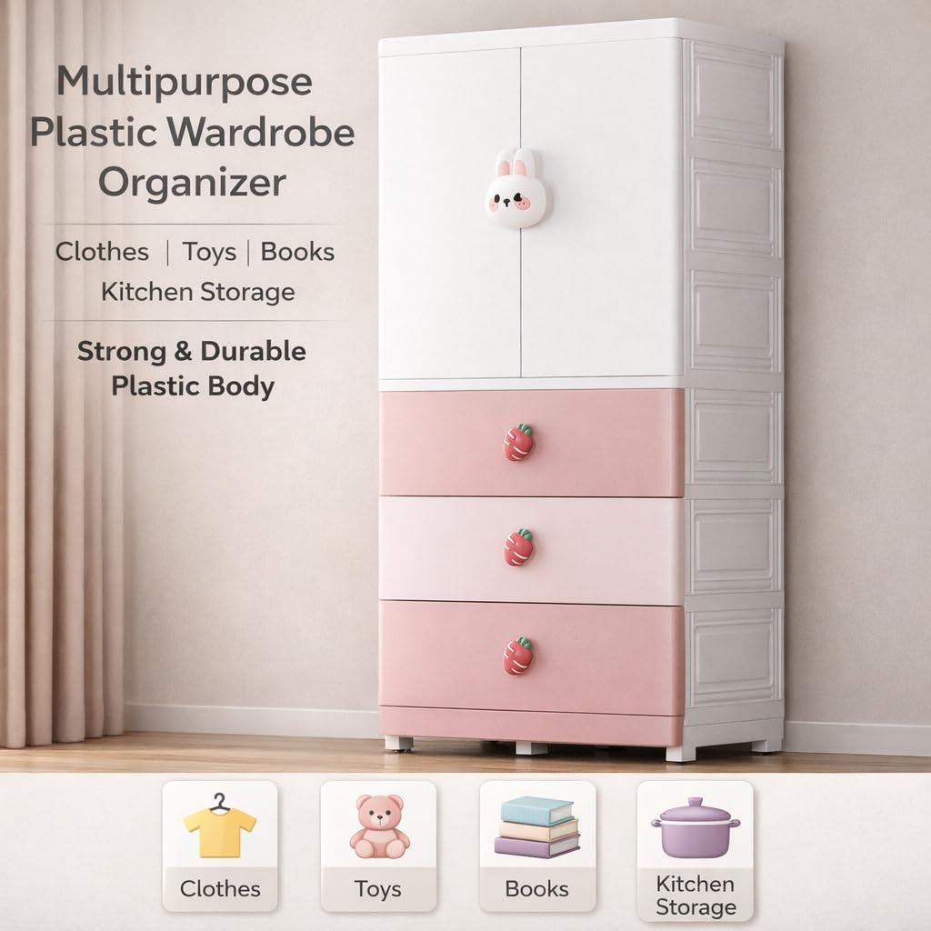 AYSIS Kids Plastic Collapsible Wardrobe Organizer for Storage with Drawers | Cute Cartoon Design | Heavy Duty Cloth Organizer for Storage | Easy to Assemble | Perfect for Kids Room & Home | Pink 1
