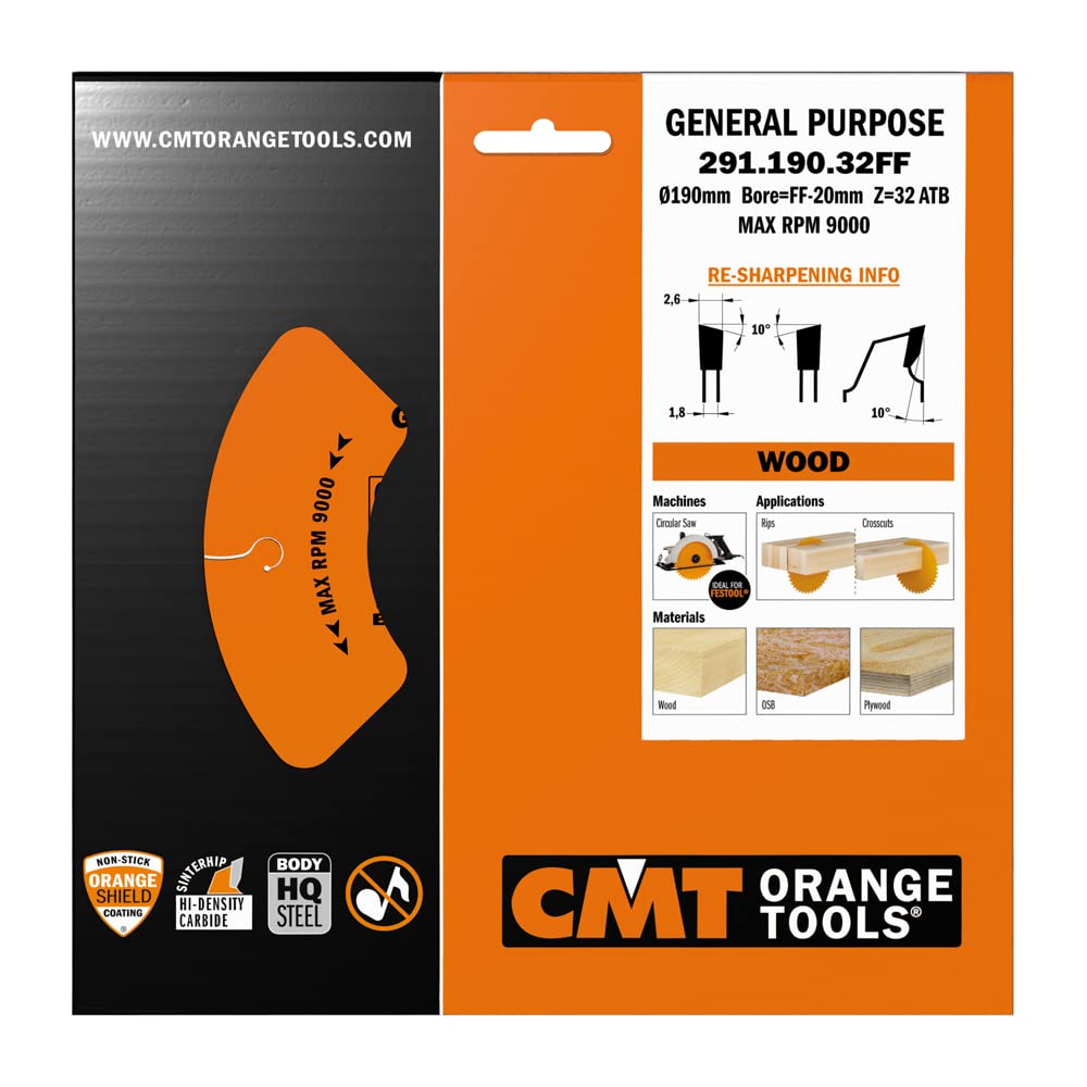 CMT Orange Tools brzeszczot do piły tarczowej HW 190 x 2,6/1,6 x 20 (Festool® FF) Z=32 10° ATB - 291.190.32FF - do przekrojów podłużnych i przekrojowych