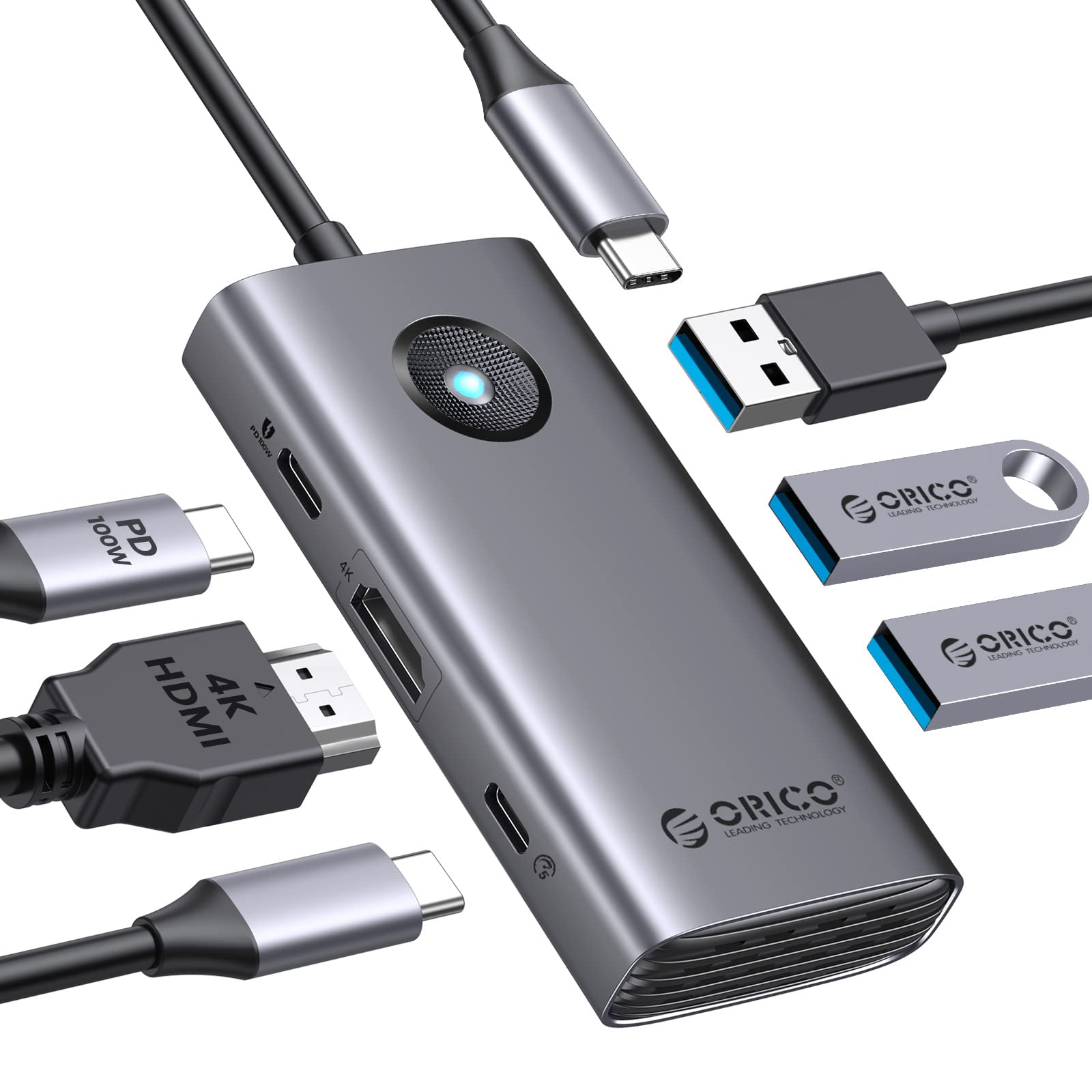 ORICO Docking Station, 6 in 1 USB C Hub Dock mit HDMI 4K+PD100W+4×USB3.0, USB 3.0 Hub Multiport Adapter für MacBook/Dell/HP/Surface