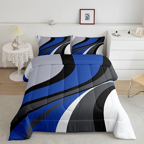 Juego de edredón geométrico azul real, tamaño Queen, moderno juego de ropa de cama blanco y gris, edredón de plumón geométrico para niños y hombres,