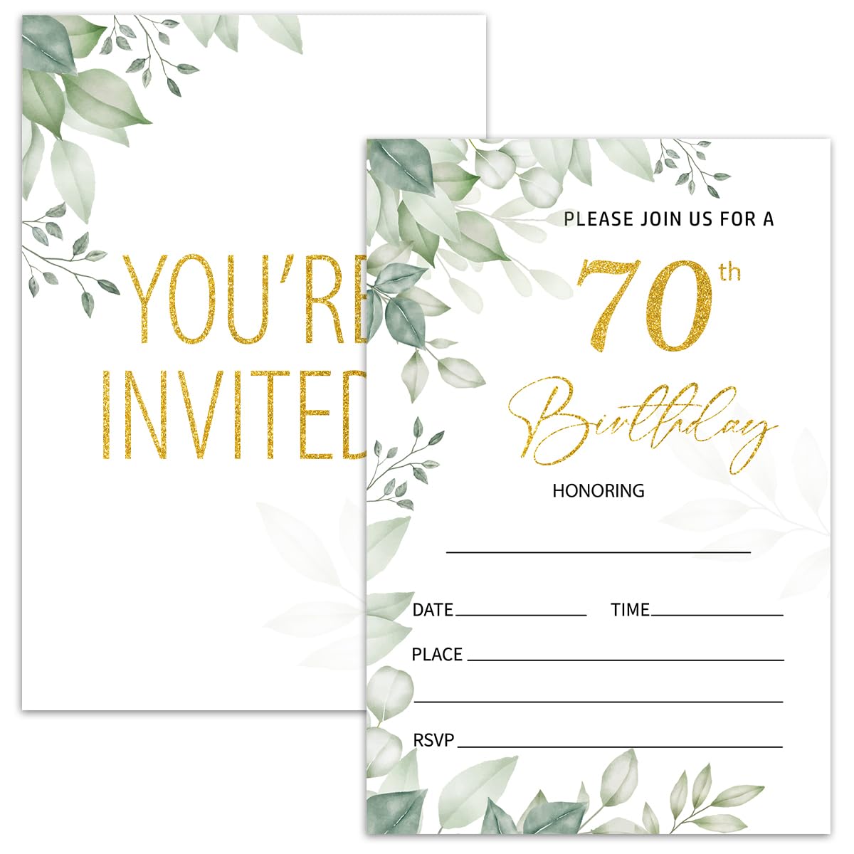 Nopoben 70th Greenery Birthday Invitation Cards for Women Men, 70 Years Old Birthday Invites for Adult, Party Supplies Favors, 20 Cards With 20