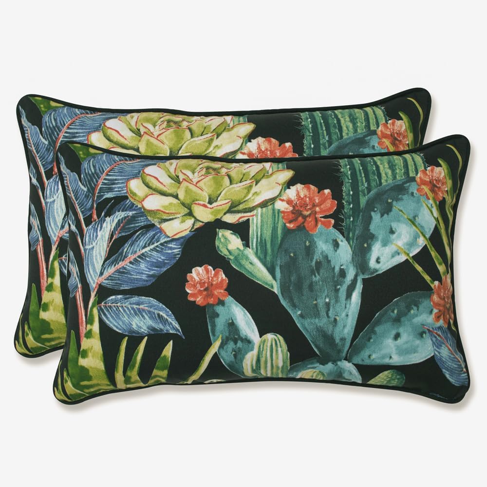 Pillow Perfect Botanical Indoor/Outdoor Throw Pillows, 2 Count, Lumbar - 16.5" x 24.5", Green/Ivory Key Cove