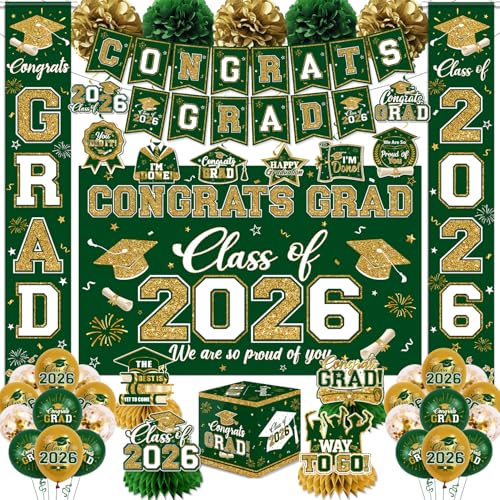 Green and Gold Graduation Decorations 2026 Set All-in-1 Kit with Congrats Grad Banner Class of 2026 Backdrop Porch Sign Balloons Centerpieces Card Box Pom Poms Streamers for College High School