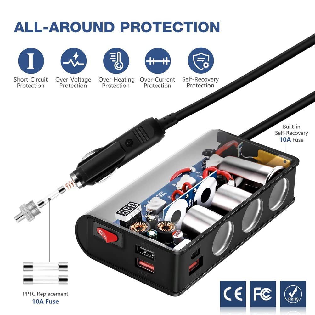 ihreesy Sdoppiatore Accendisigari Auto,180 W Splitter Accendisigari 12V/24V QC3.0 Splitter Accendisigari Caricabatteria Auto 4 Porte USB e 3 Prese,con On/Off Indipendenti Tensione Display a LED