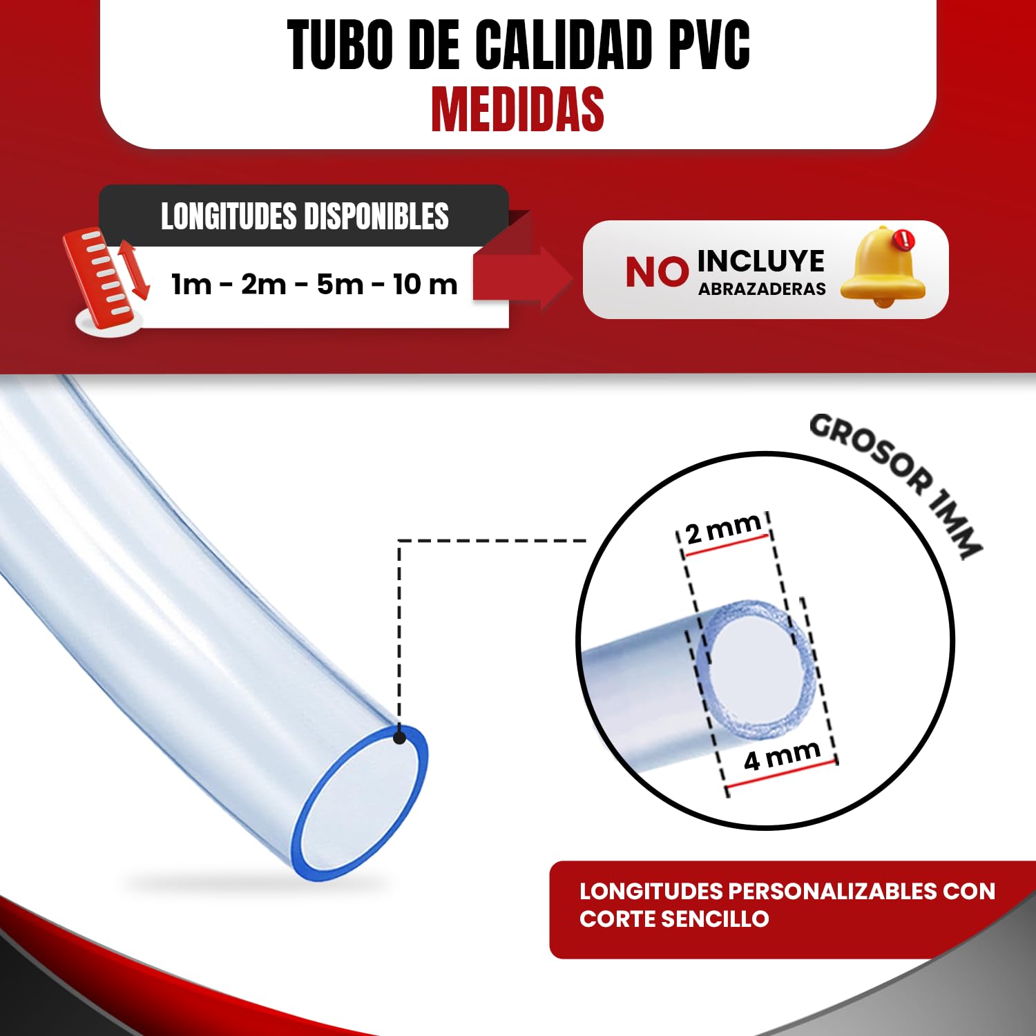 Tubo PVC, Tubo flexible PVC 4mm x 2mm, (10 Metro) transparente para aire y líquidos. Ideal para acuarios, bebederos, riego por goteo y proyectos DIY - Alimenticio seguro, flexible y fácil de instalar.