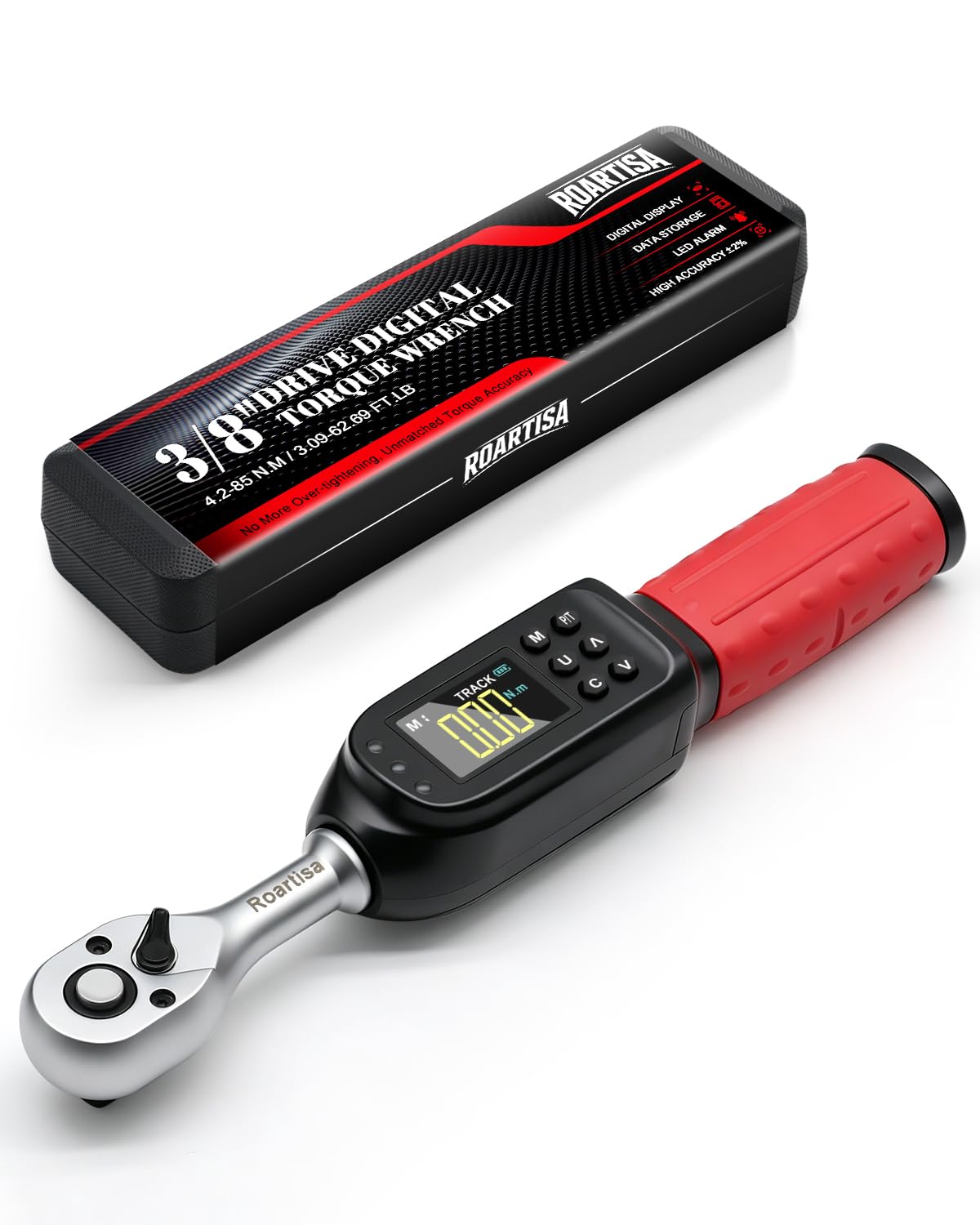 Llave dinamométrica digital de 3/8, ± 2% de alta precisión con zumbador y notificación de flash LED, 5 unidades y 8 preajustes de memoria (3.09-62.69 pies libras/4.2-85 N.m)
