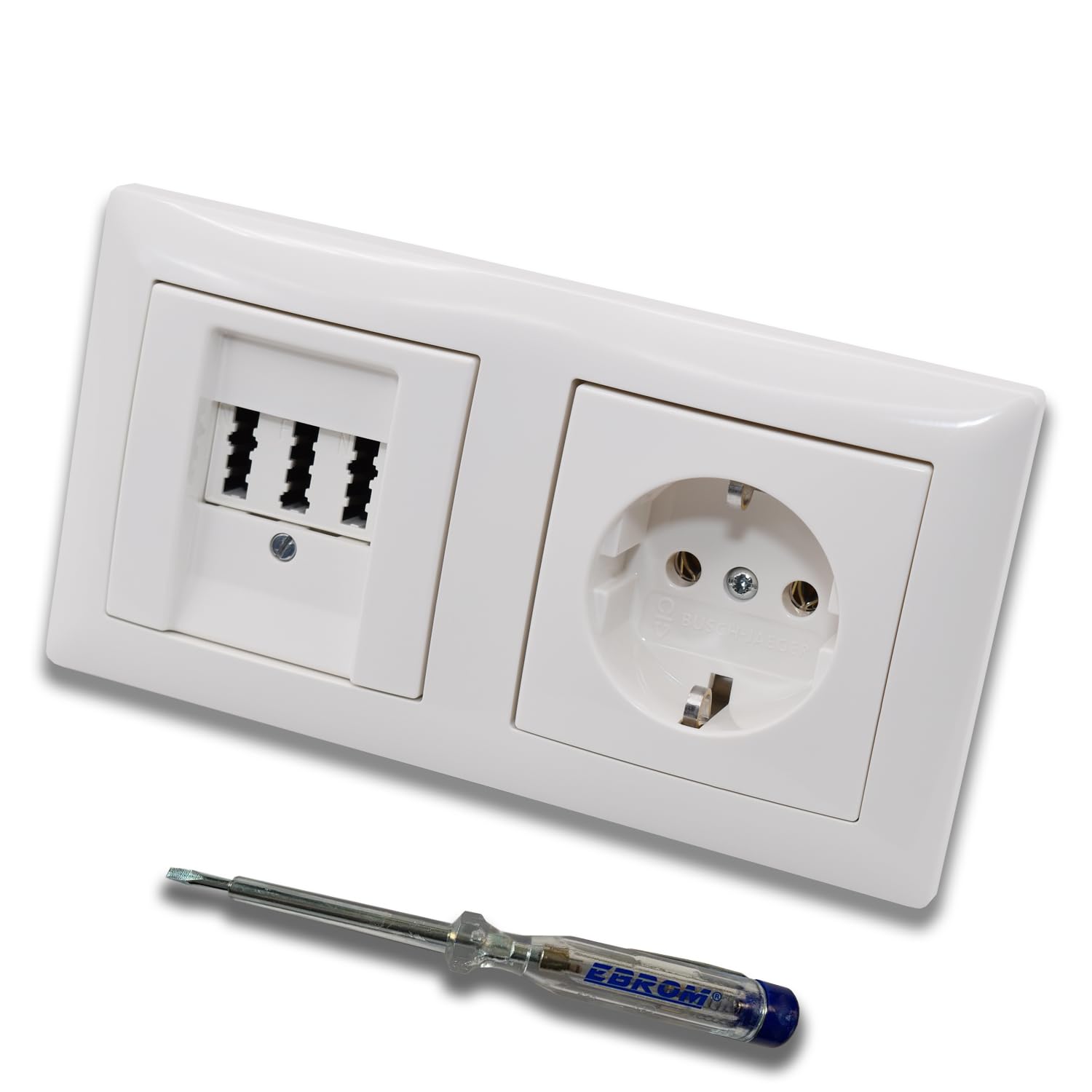 Busch Jäger Set Flush-Mounted Telephone Socket by EBROM, TAE 3x6 NFN for 1 Telephone and 2 Additional Devices in BalanceSi Alpine White, Frame and Socket 20EUC-914 Including EBROM Phase Tester for