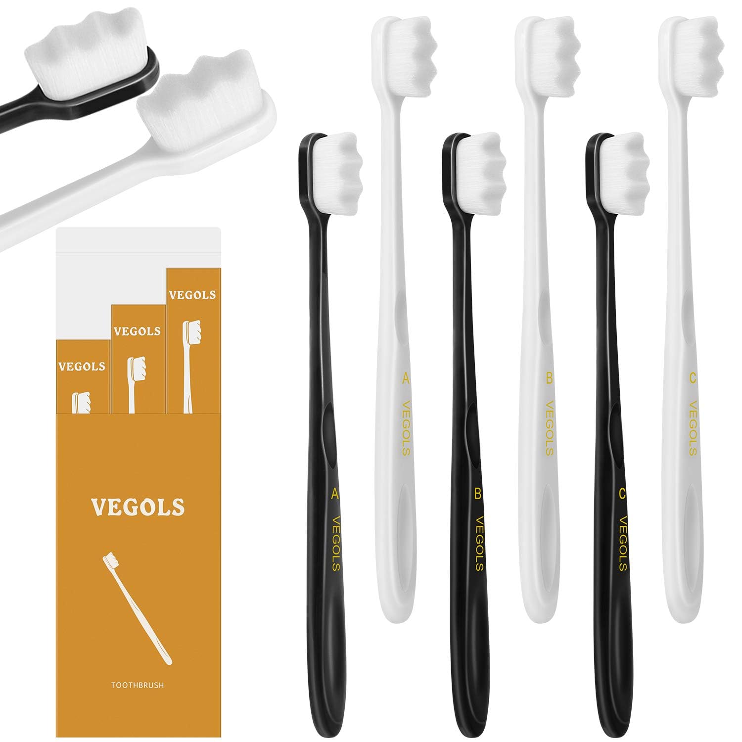 Adult Extra Soft Toothbrush with 10000 Soft Bristles, (Pack of 6) Micro Nano Manual Toothbrushes for Protect Sensitive Gums, Black/White