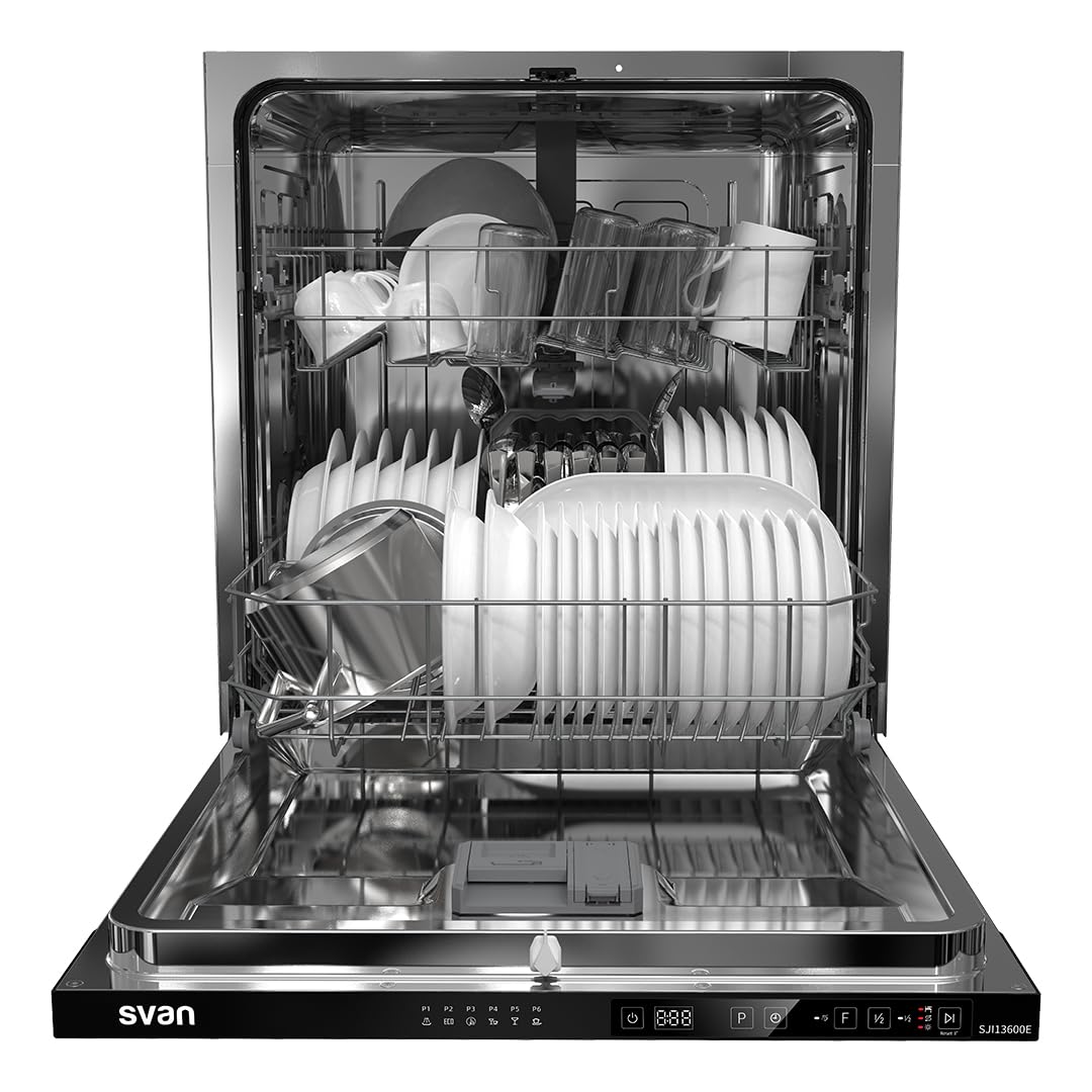 Svan Lavavajillas Integrable 60 cm Blanco SJI13600E. 1890W, 14 Cubiertos, 2 Bandejas, 6 Programas, Display LED táctil, Función Stop&Go, Eficiencia Energética Clase E