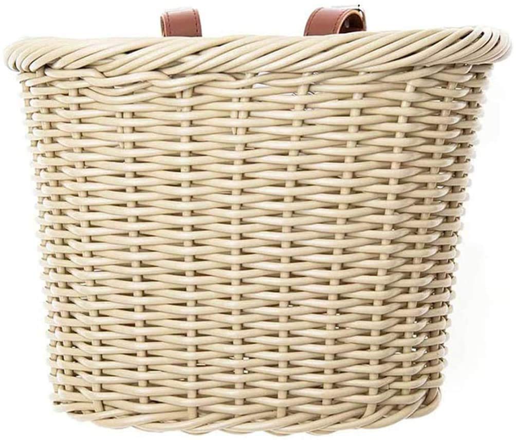 Miouldram Bicycle Basket, Vintage Wicker Bicycle Basket,Hand-Woven Wicker  Unique-Shaped Bike Basket Tan Leather Straps Front Handlebar Rattan Basket