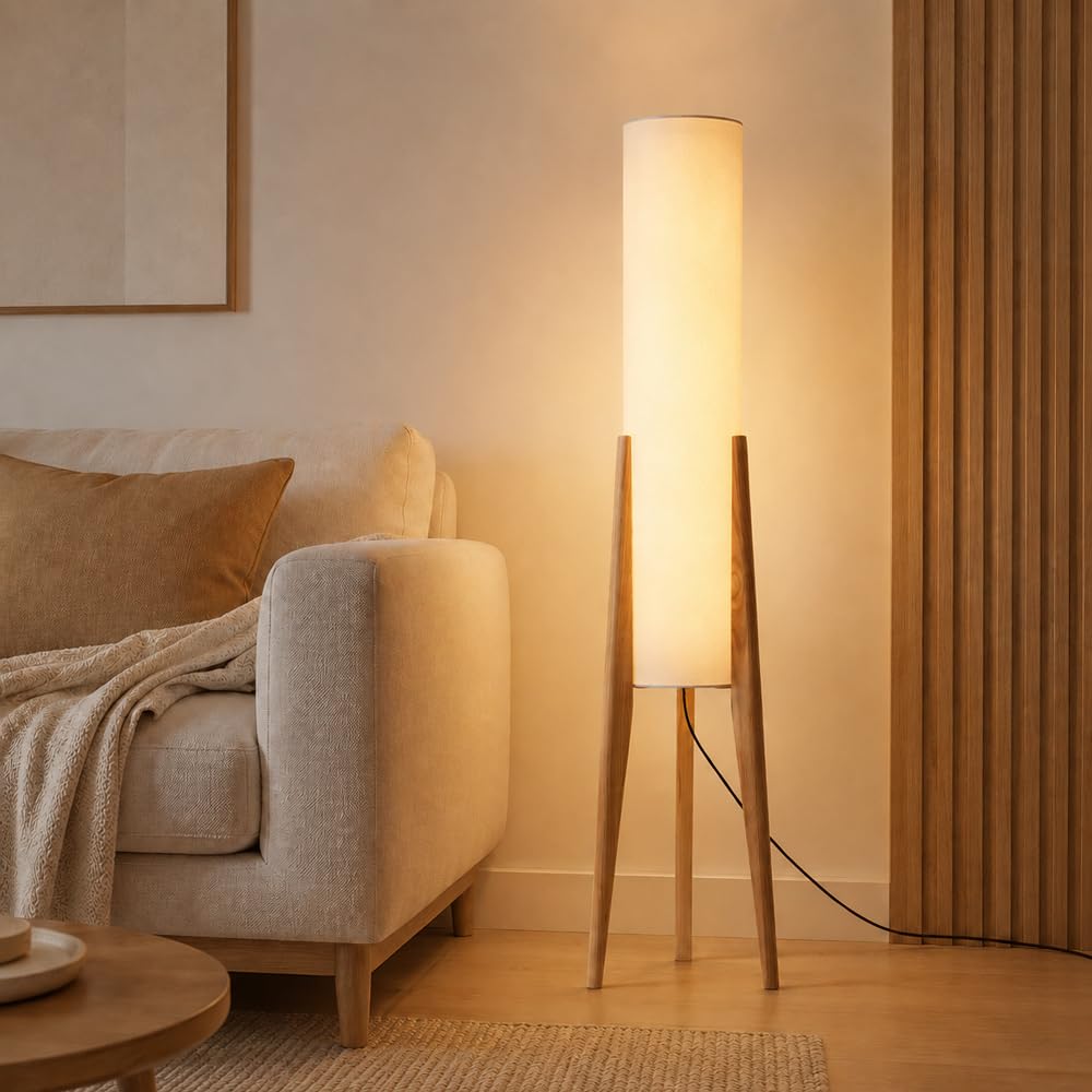 Wylolik Wabi-Sabi Floor Lamp, Wooden Tripod Floor Lamp, Linen Fabric Standing Lamp, E27 3-Color Temperatures with Foot Switch, 50in Tall Solid Wood Vertical Lights for Living Room Bedroom Study