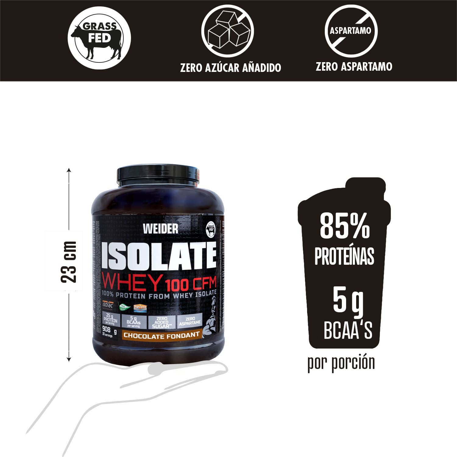 Weider PACK - Isolate Whey 908g Sabor Chocolate + Shaker Regalo, Aislado de Proteina de leche de calidad, 25g Proteína + 5g BCAA por porción