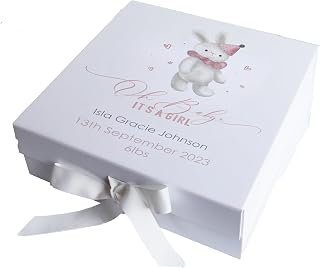 Personalised New Baby Girl Gift Box | New Baby Girl Pink Printed Gift Box | Pink Bunny Baby Keepsake Box | Printed Baby Details