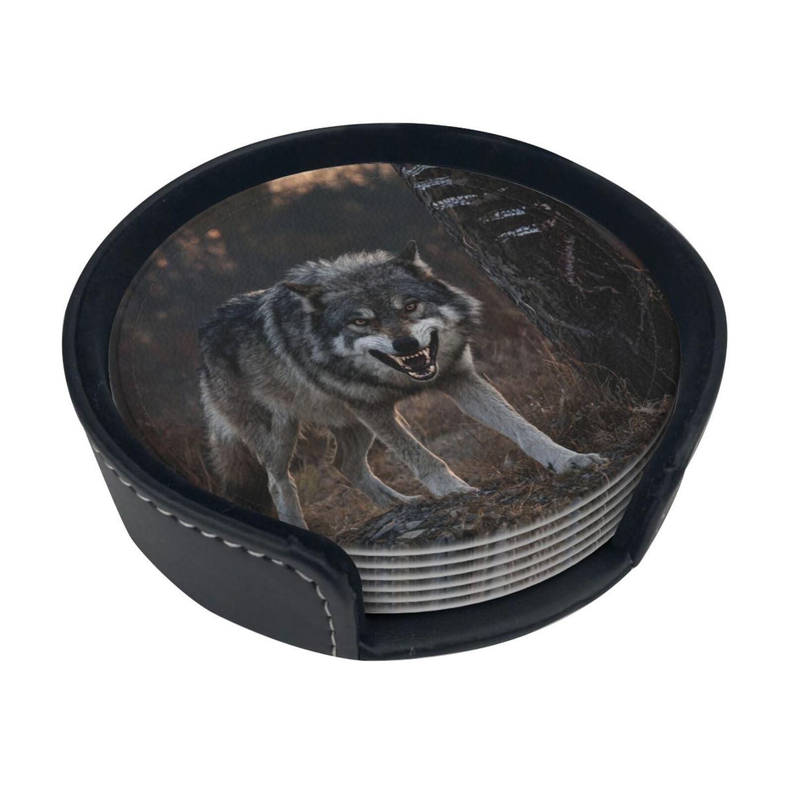 Wolf Guard Leather Coasters-Set of 6 with Storage Holder