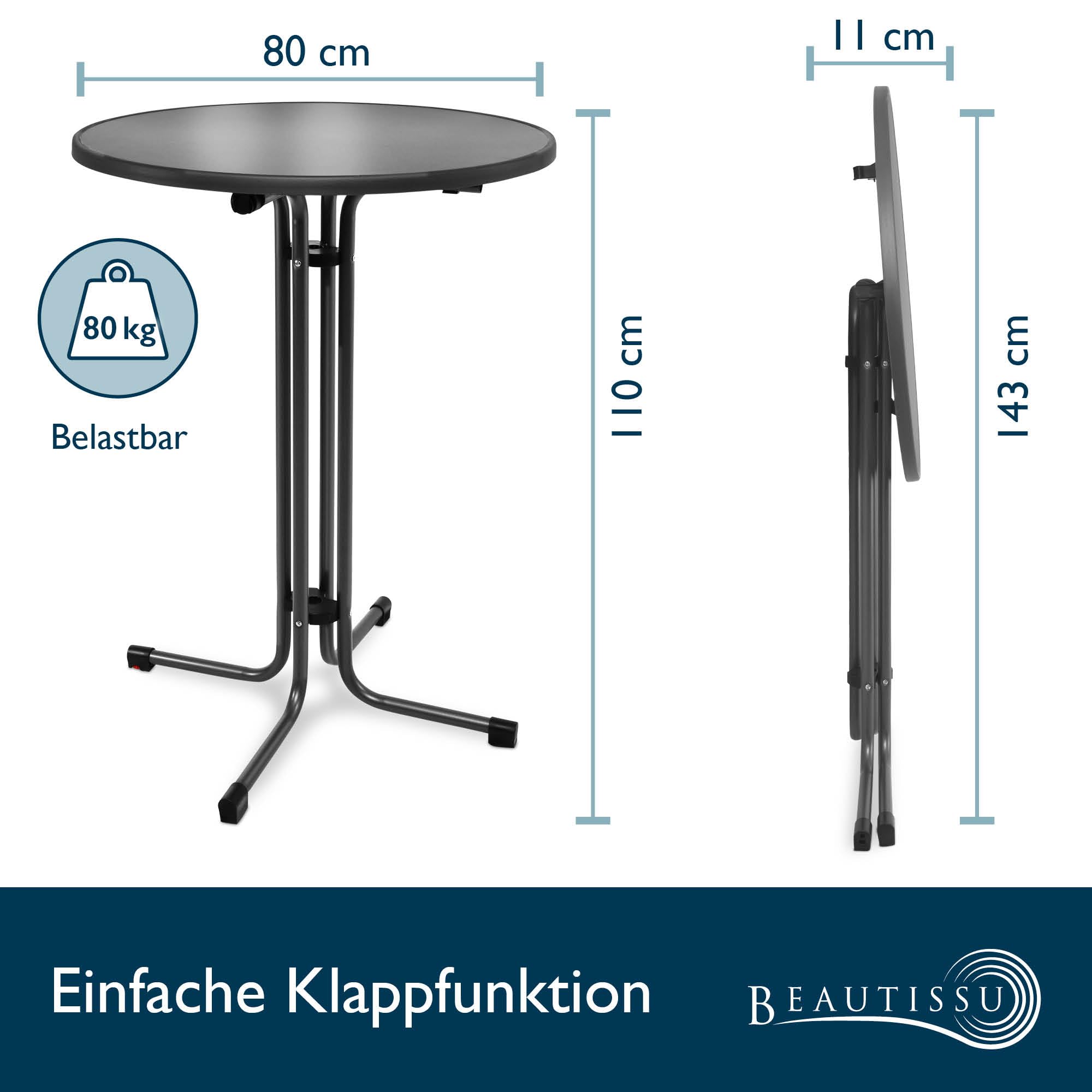 Beautissu Stehtisch klappbar 80 cm Schwarz Bellini – Kratzfest Stabil Wetterbeständig – Stehtische Outdoor Bistrotisch Rund Montage leicht Halterung vormontiert– Biertisch Partytisch Klappbar Bartisch
