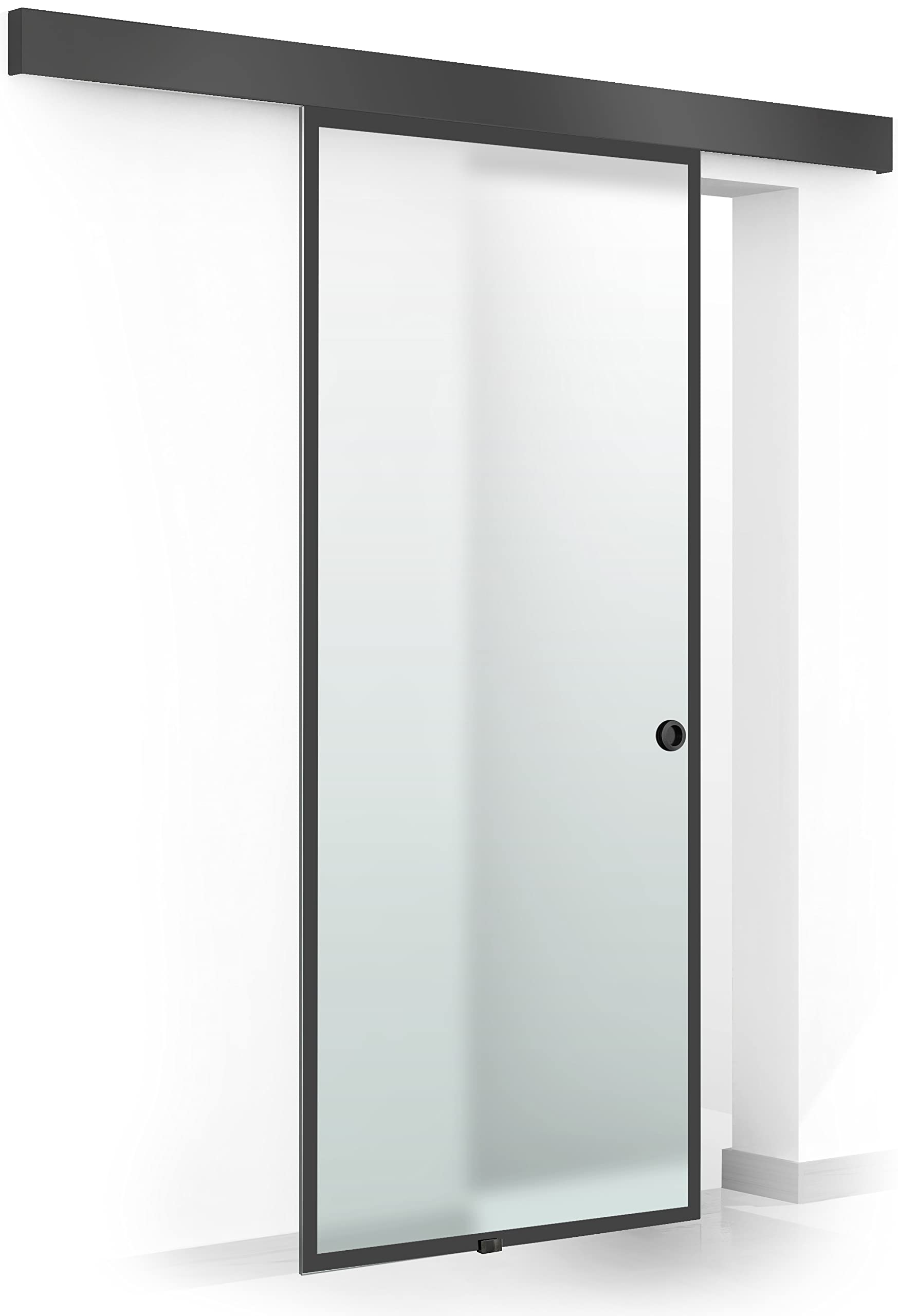 BOSS Black Puerta corredera del vidrio modelo CONFORT 90x215 cm (60/80/90 cm) Vidrio Satinado de 8 mm, patron arenado nanotratamiento Negra, kit completo de herrajes (90x215 cm, DERECHA)