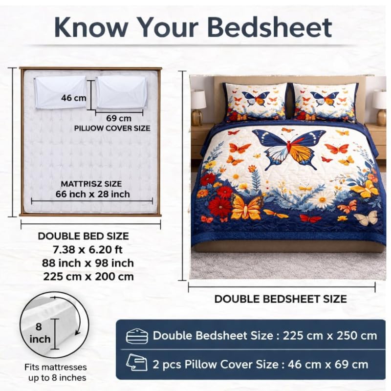 Image of Akshya Double Bedsheet King Size (90x100 Inch) with 2 Pillow Covers | 300 TC Microfiber Soft Bedsheet | Blue Butterfly Printed Designer Bedsheet for Double Bed