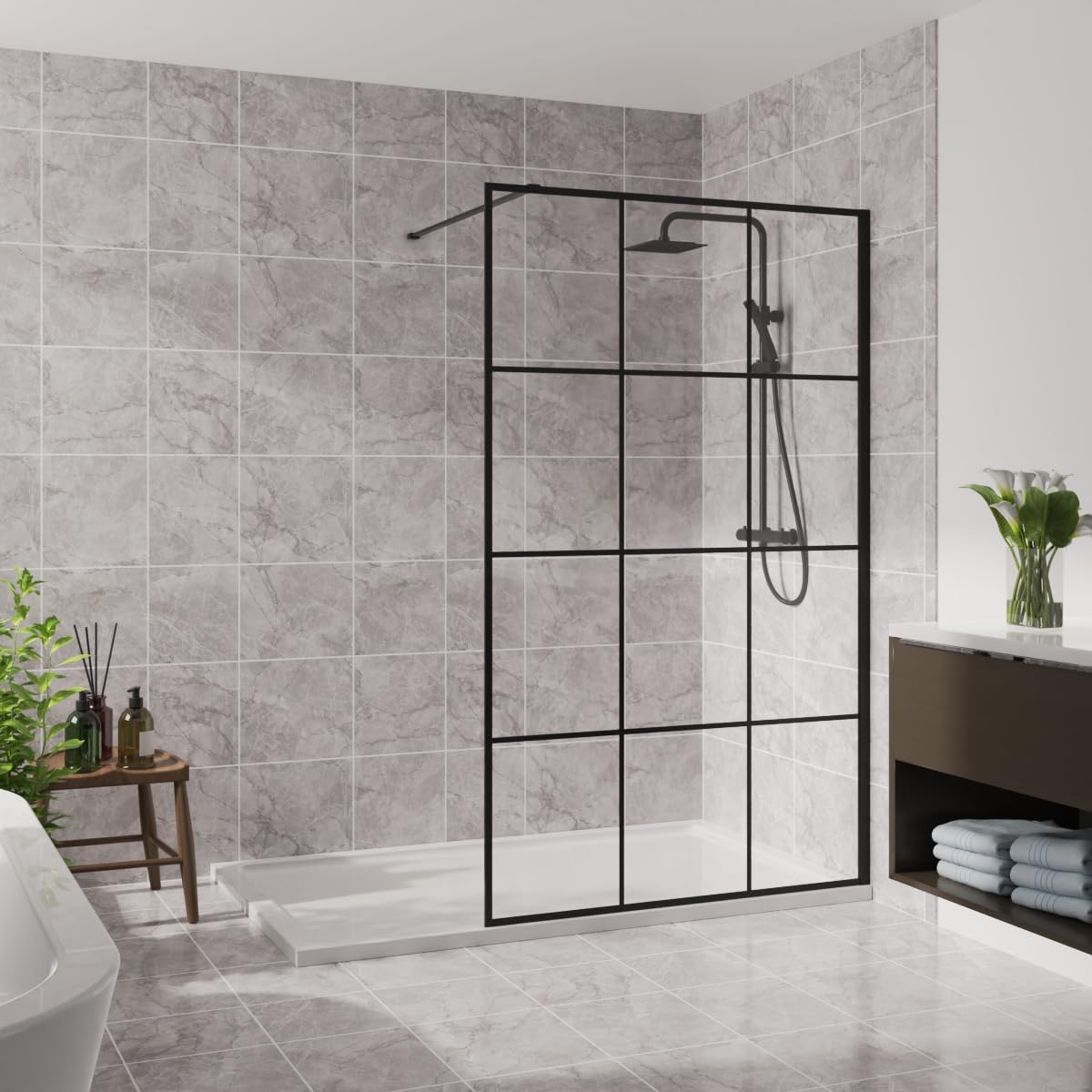 BlĂźmme 1000mm Wetroom Screen Walk in Shower Enclosure Bathroom Screen Panel 8mm Easy Clean Glass Black Grid Framed